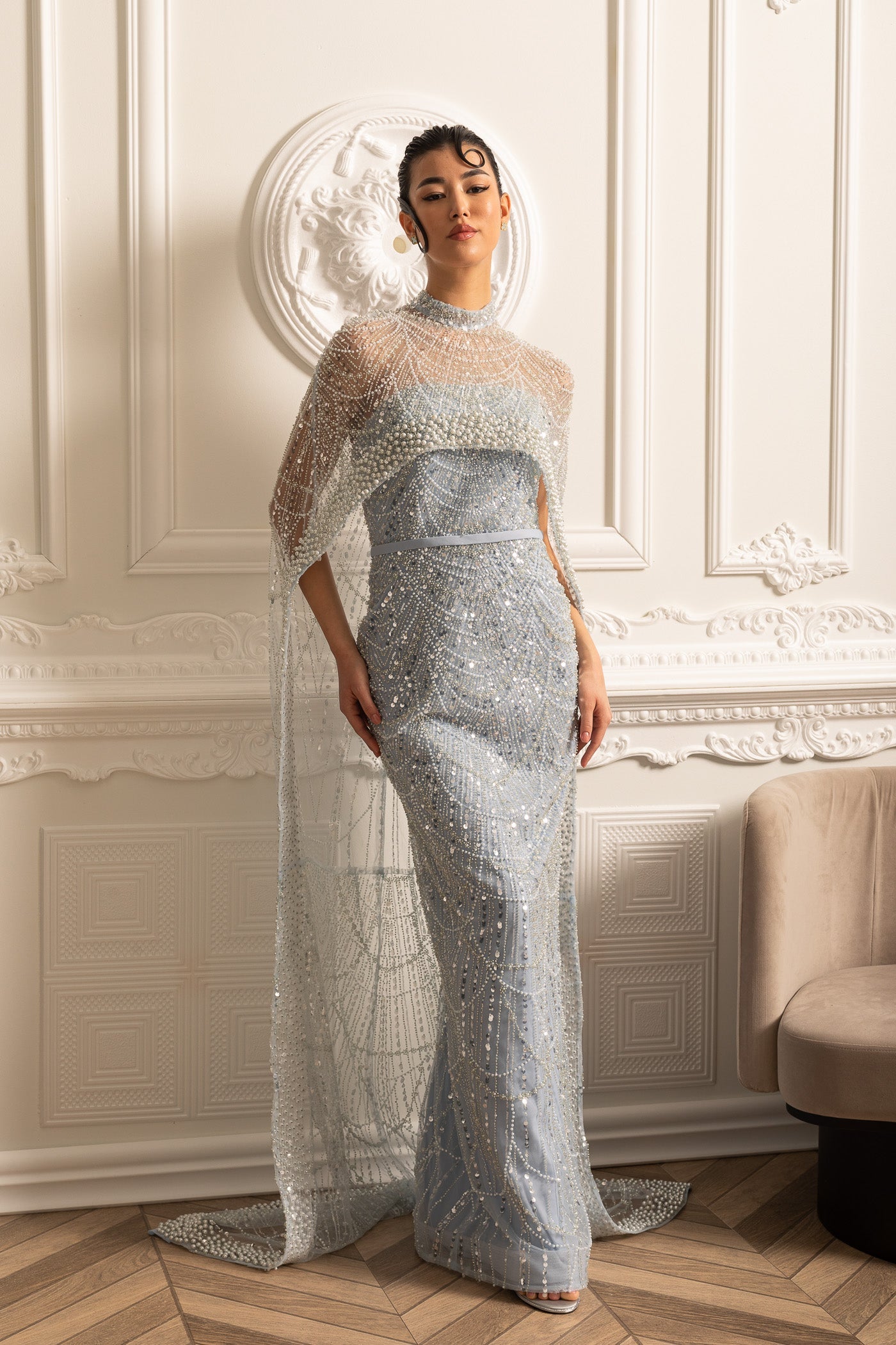 Robe Glamour ornée de Perles avec Voile Détachable - Bleu
