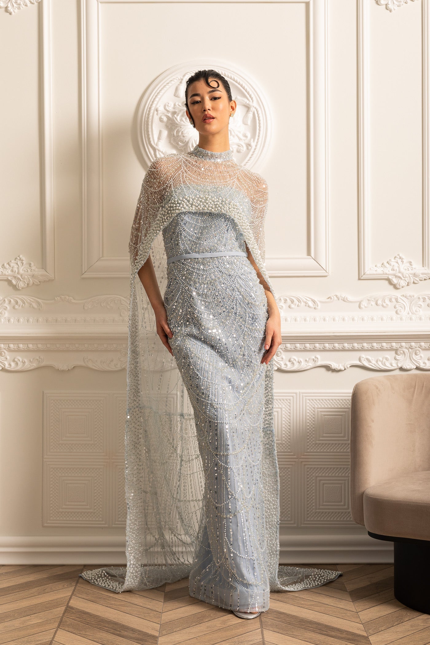 Robe Glamour ornée de Perles avec Voile Détachable - Bleu