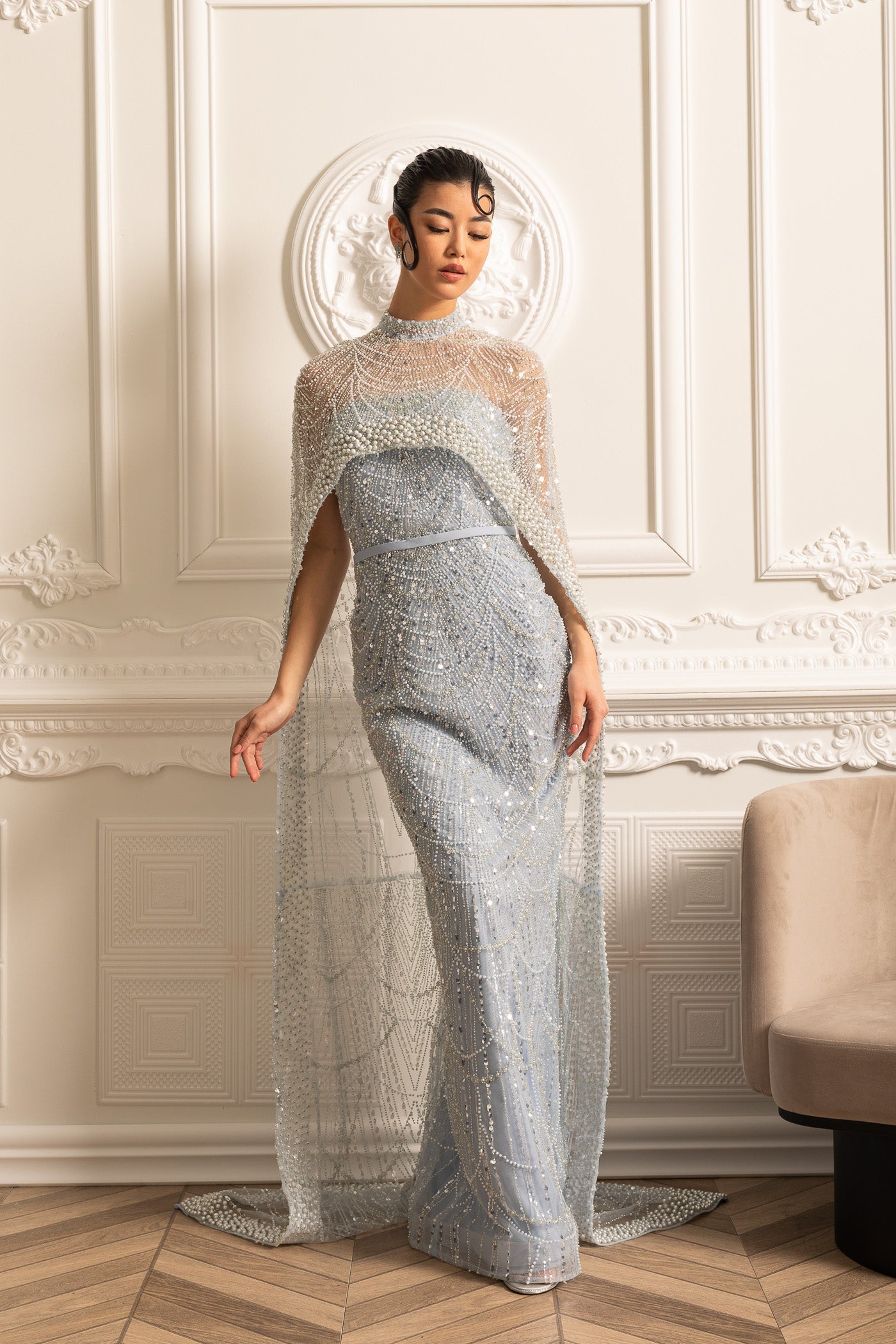 Robe Glamour ornée de Perles avec Voile Détachable - Bleu