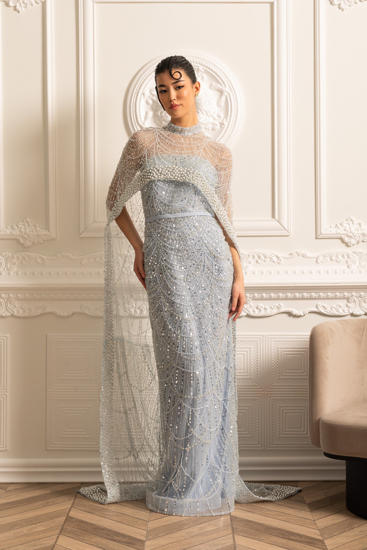 Robe Glamour ornée de Perles avec Voile Détachable - Bleu
