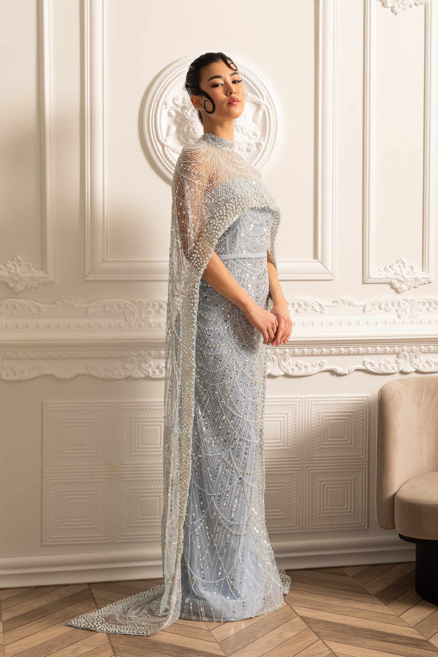 Robe Glamour ornée de Perles avec Voile Détachable - Bleu