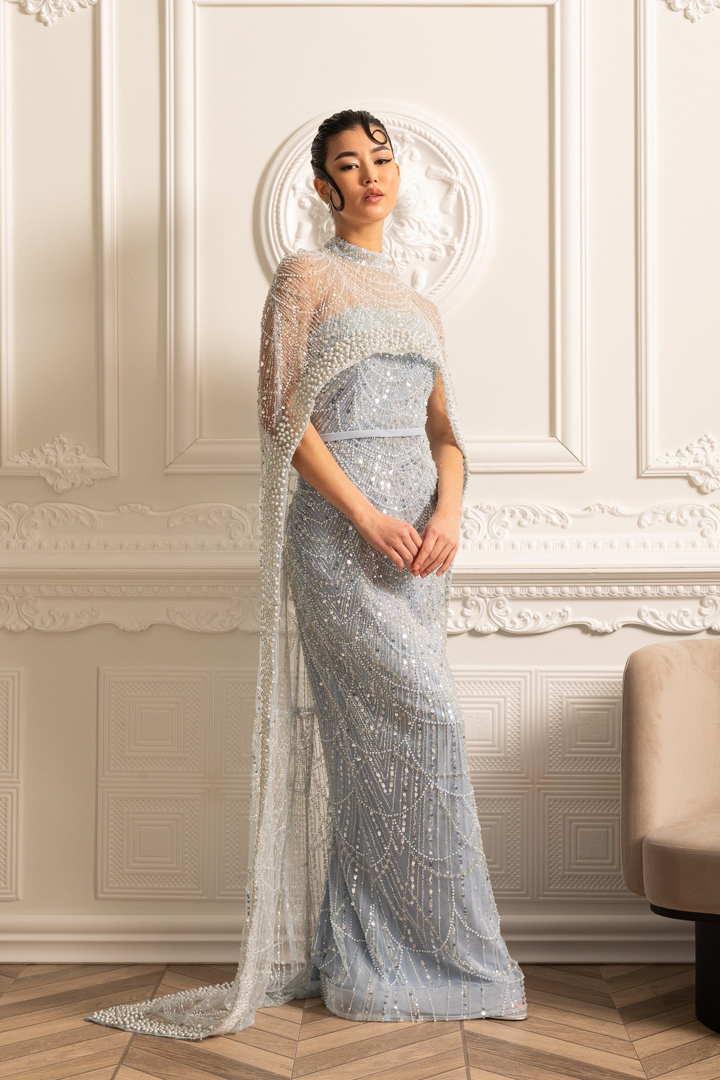Robe Glamour ornée de Perles avec Voile Détachable - Bleu