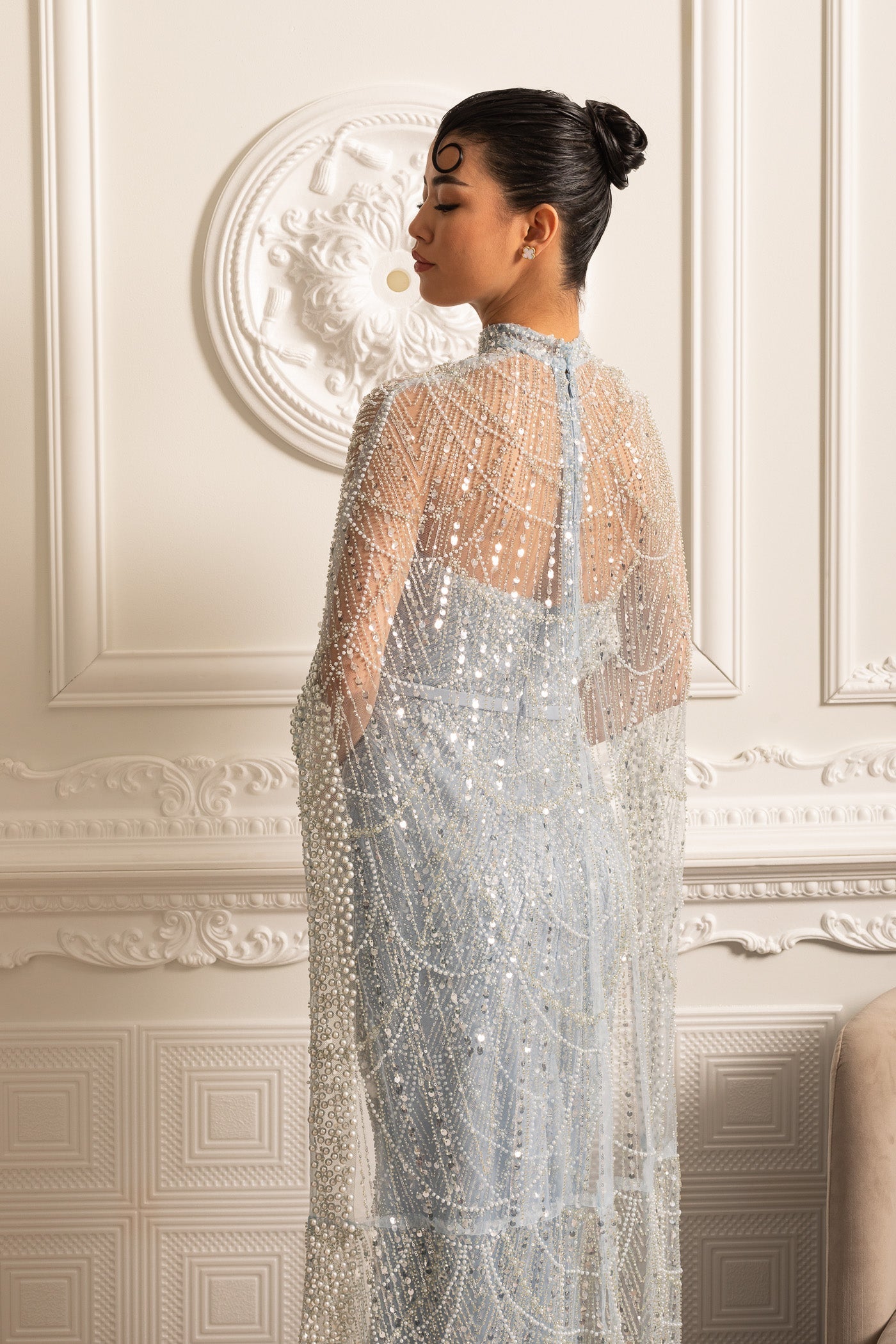 Robe Glamour ornée de Perles avec Voile Détachable - Bleu