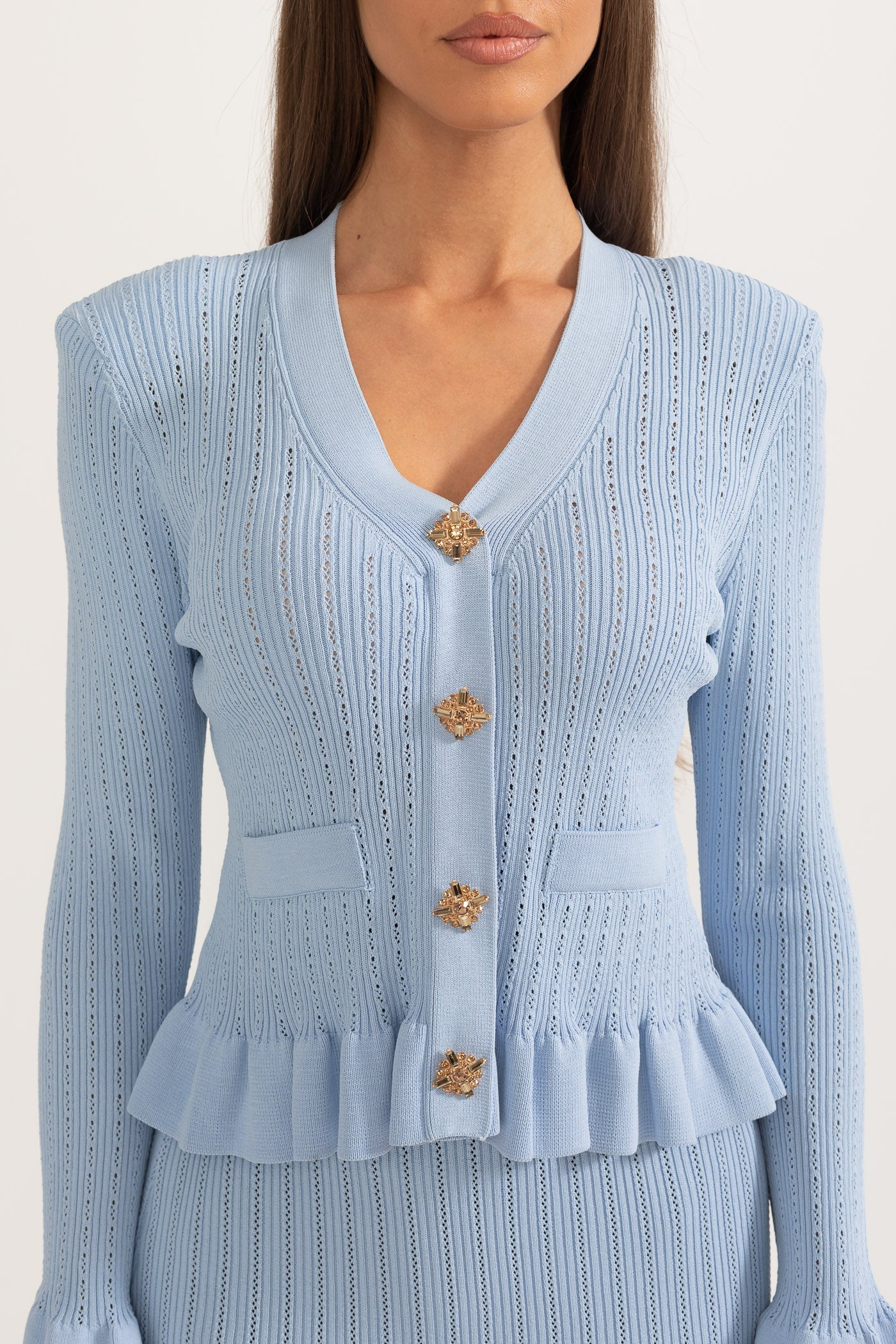 Ensemble assorti en maille : Veste à volants & Jupe évasée - Baby Blue