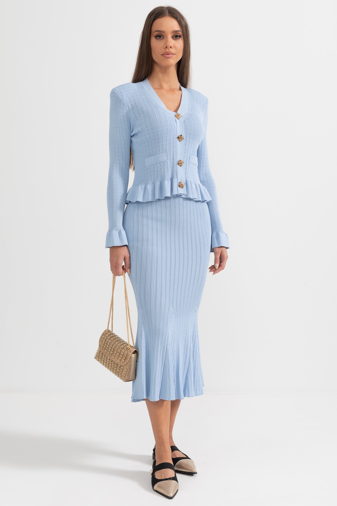 Ensemble assorti en maille : Veste à volants & Jupe évasée - Baby Blue