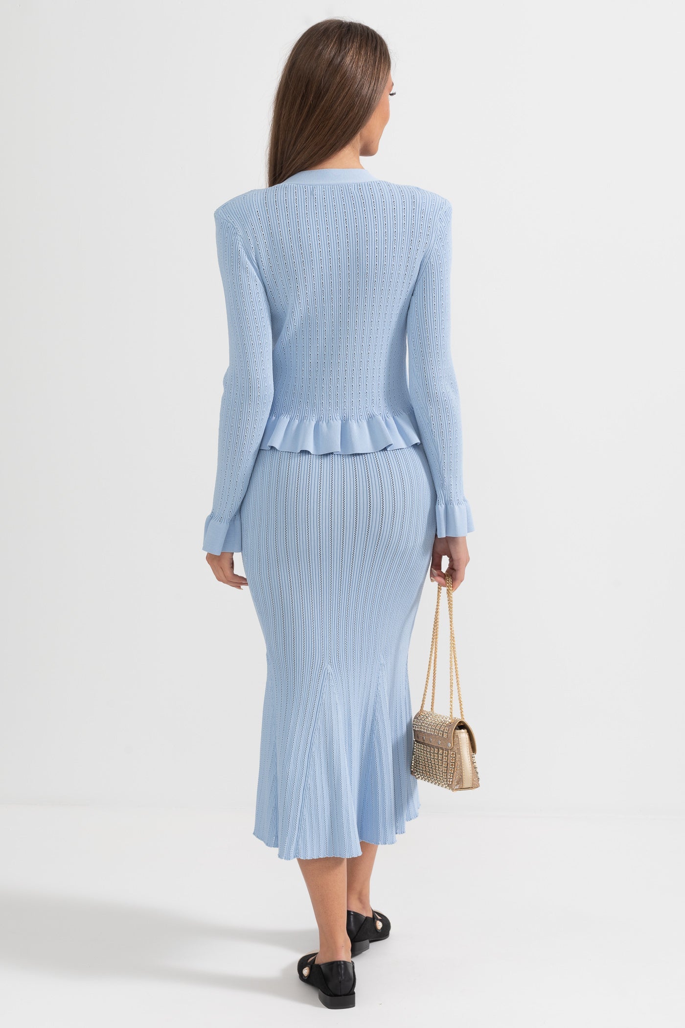 Ensemble assorti en maille : Veste à volants & Jupe évasée - Baby Blue