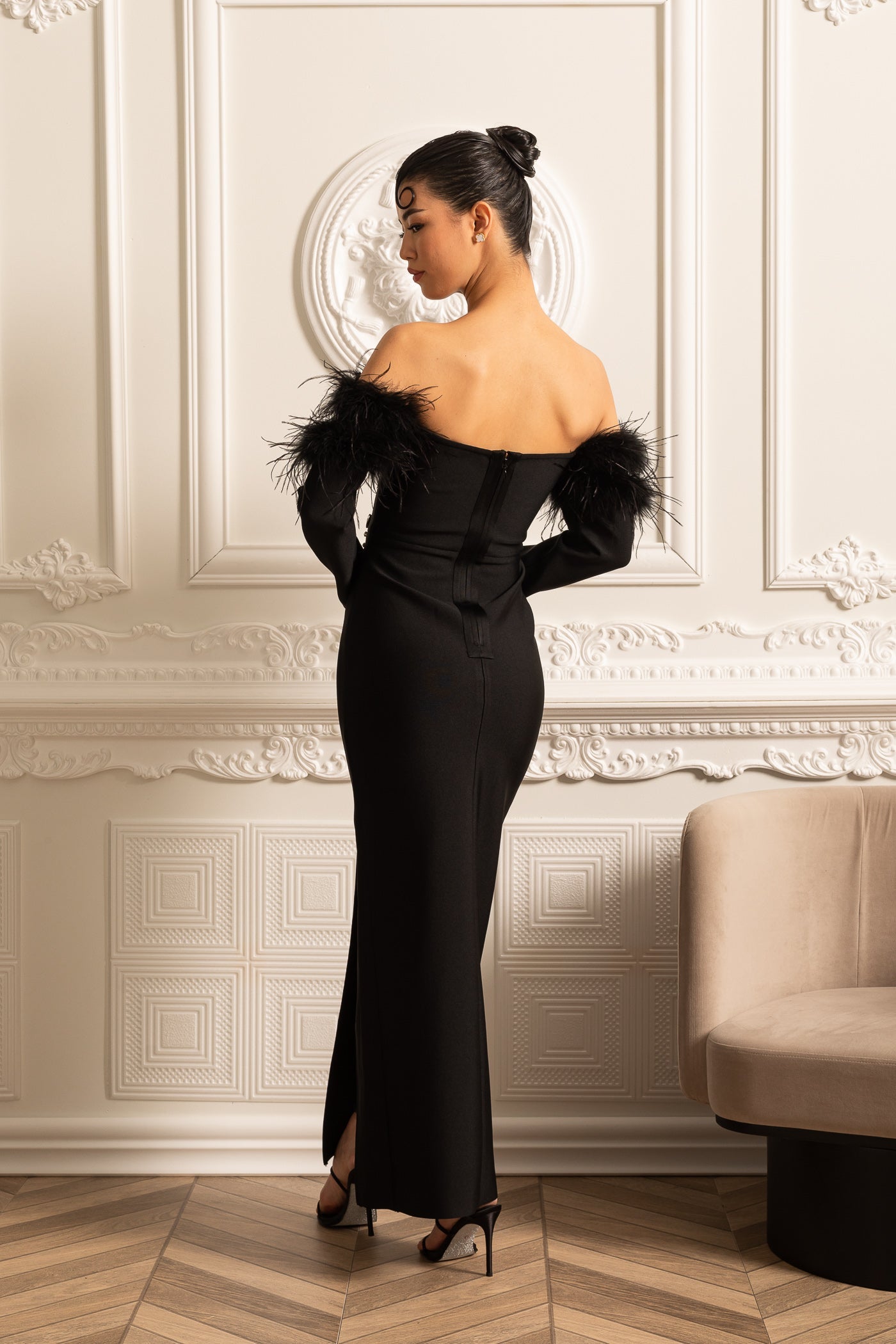 Feather Adorned Dress With Sparkling Embellishments And High-Side Slit - Black