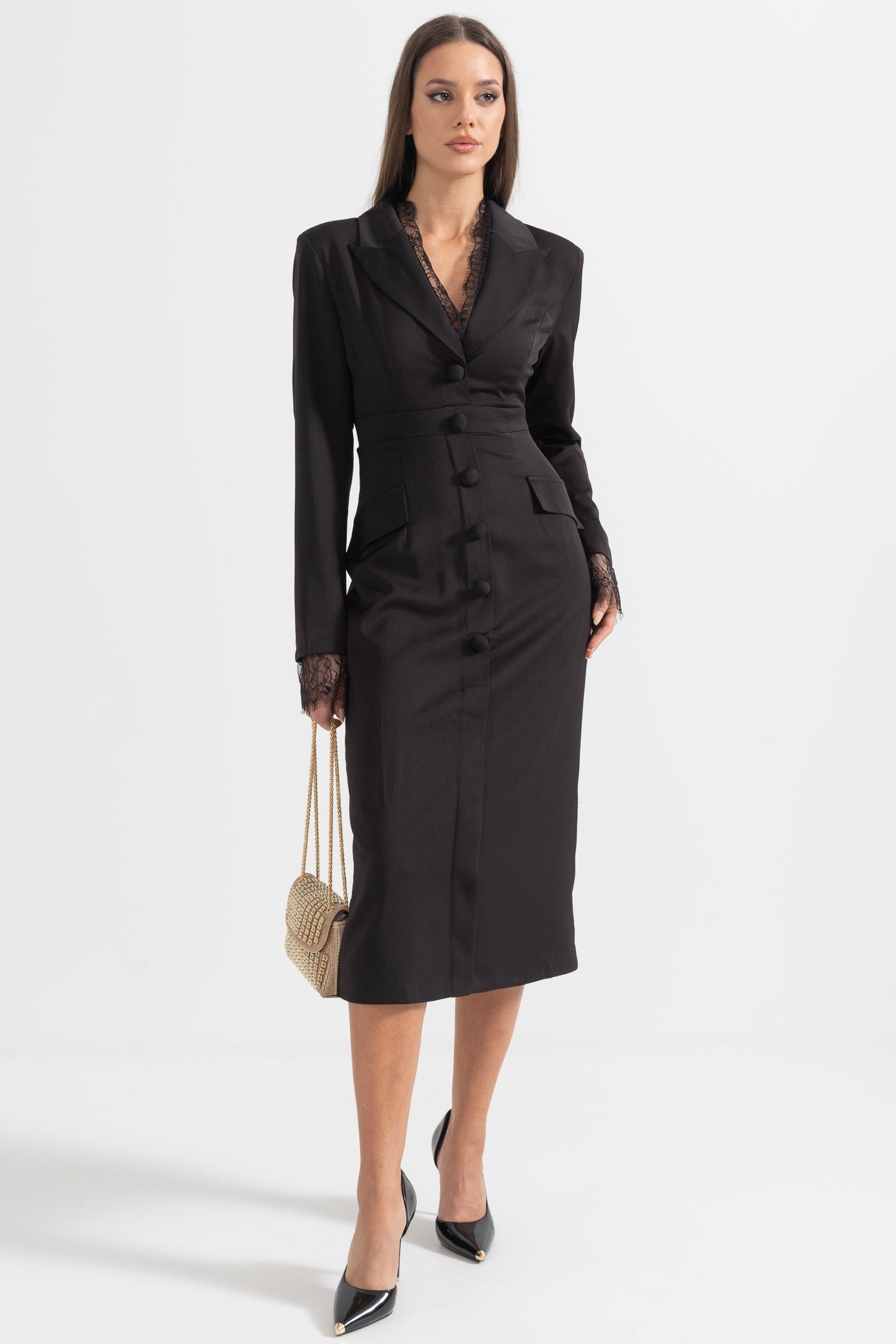 Robe Élégante Boutonnée Avec Détails en Dentelle - Noir