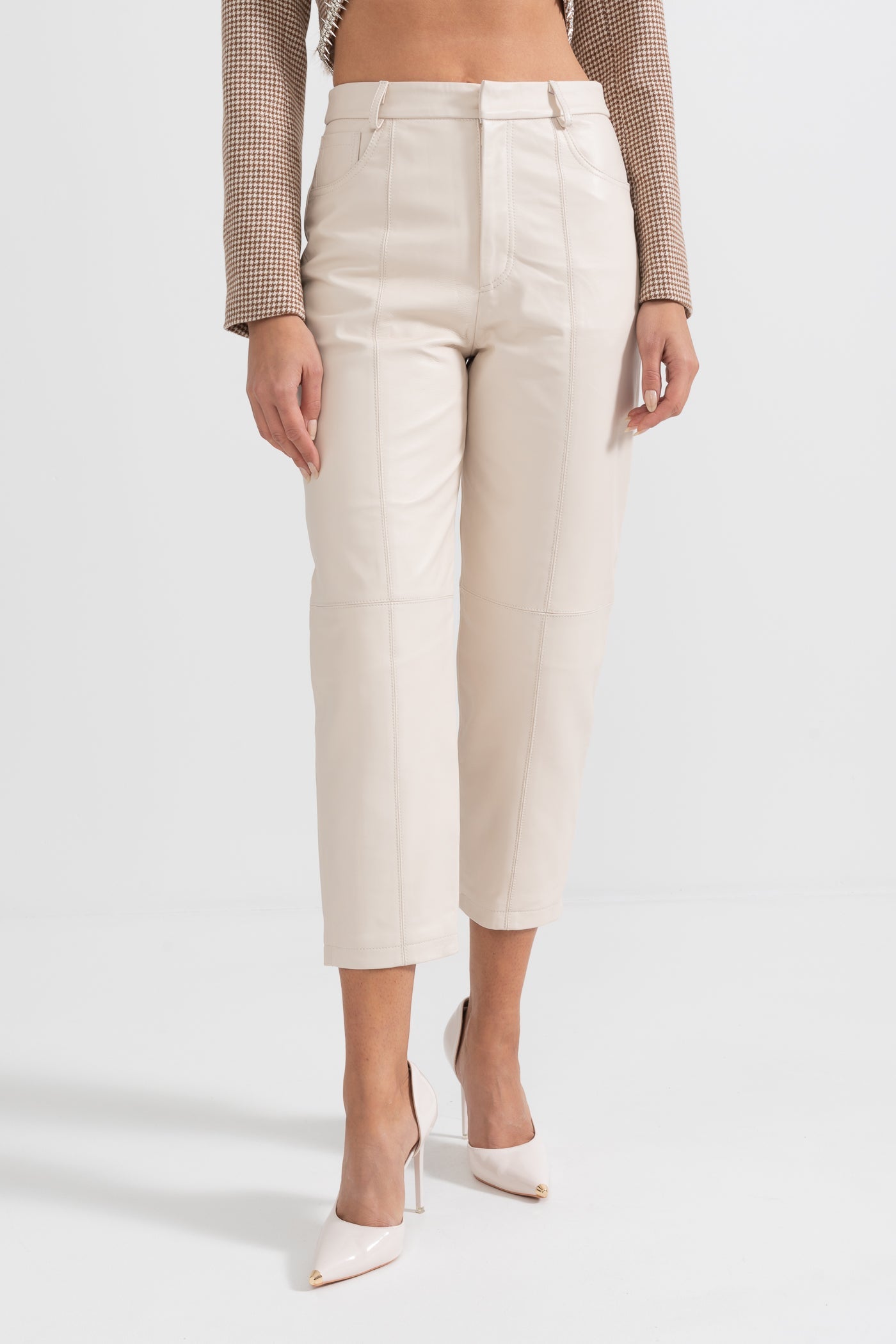 Pantalon droit en cuir avec surpiqûres décoratives - Blanc