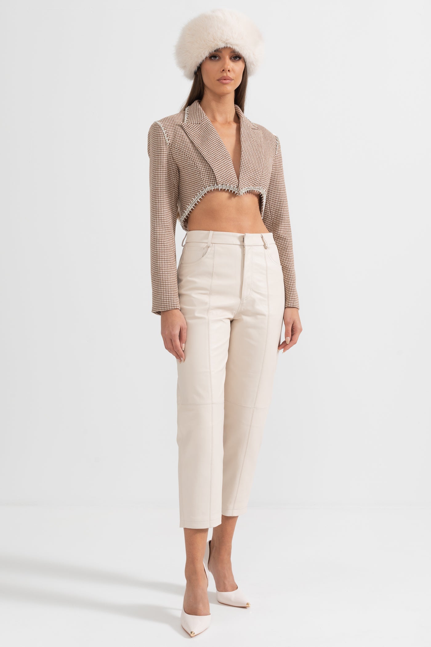 Pantalon droit en cuir avec surpiqûres décoratives - Blanc