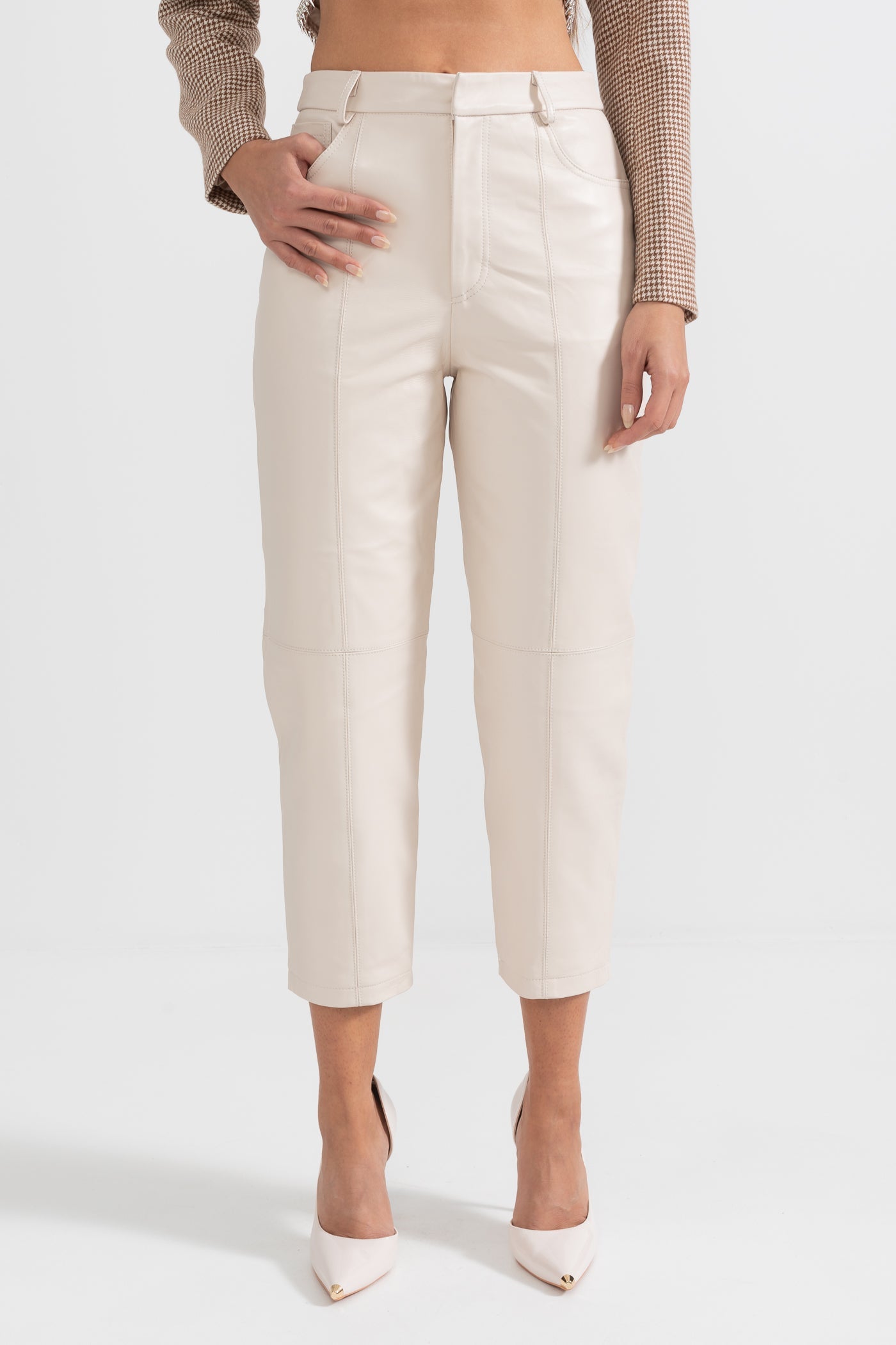 Leather Straight Leg Trousers With Decorative Stitching - White