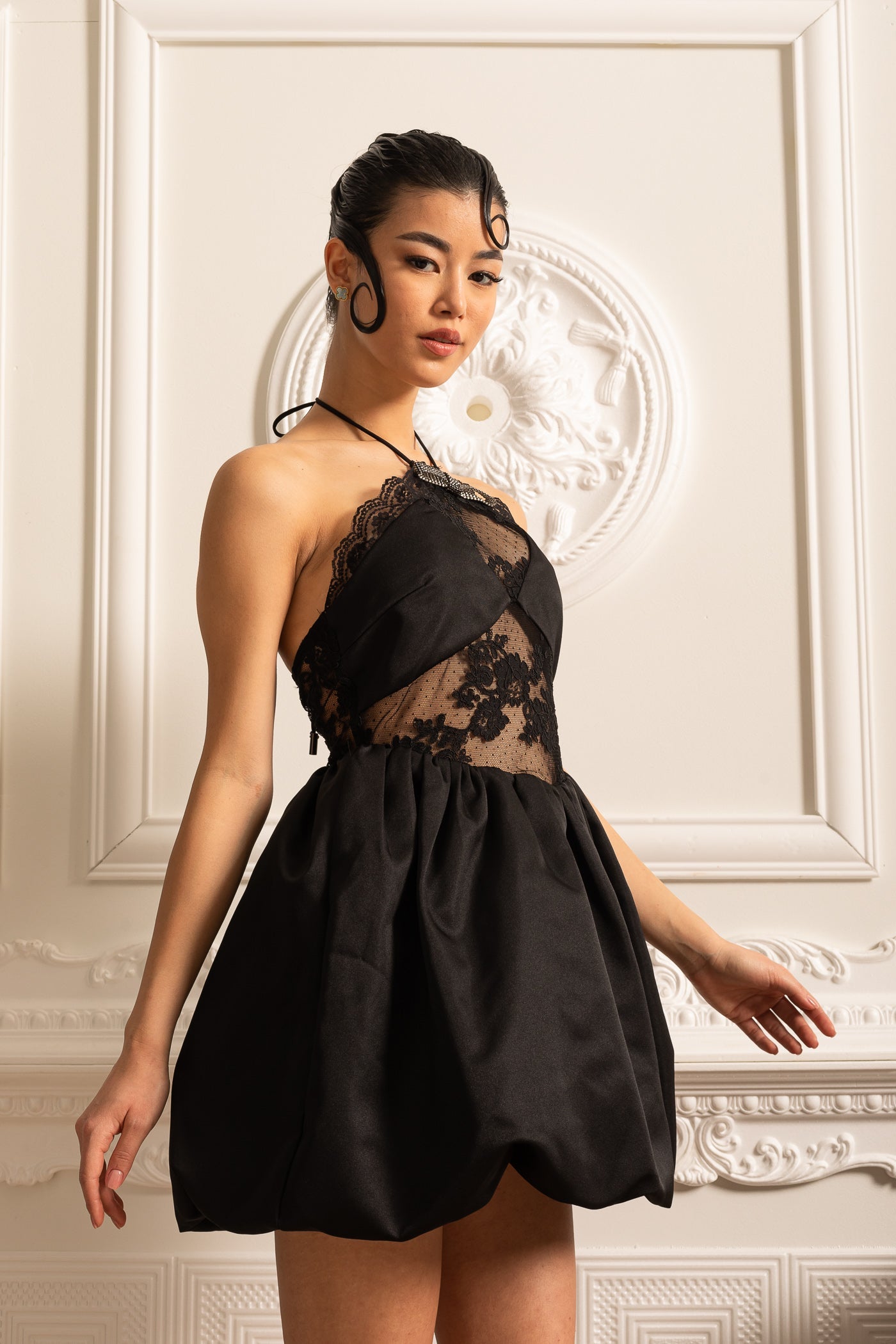 Mini Dress With Ruffled Skirt And Sheer Floral Lace Patterns - Black