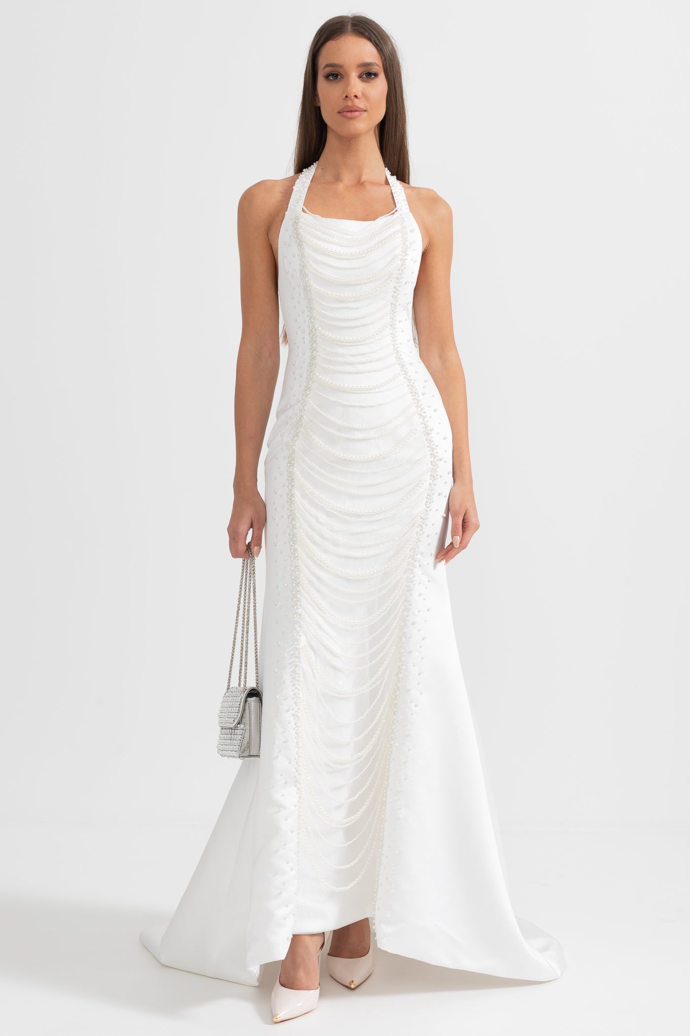 Robe de soirée en satin exquis ornée de perles - Blanc