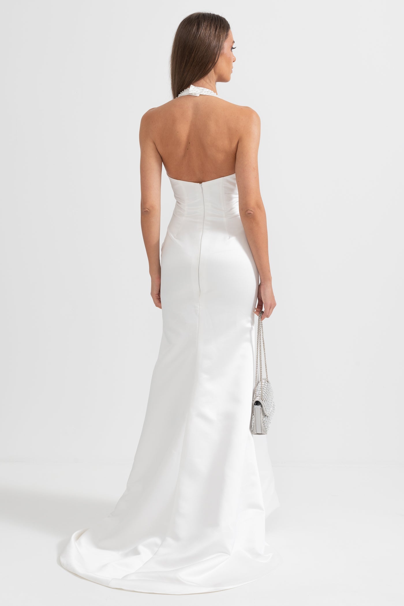 Robe de soirée en satin exquis ornée de perles - Blanc