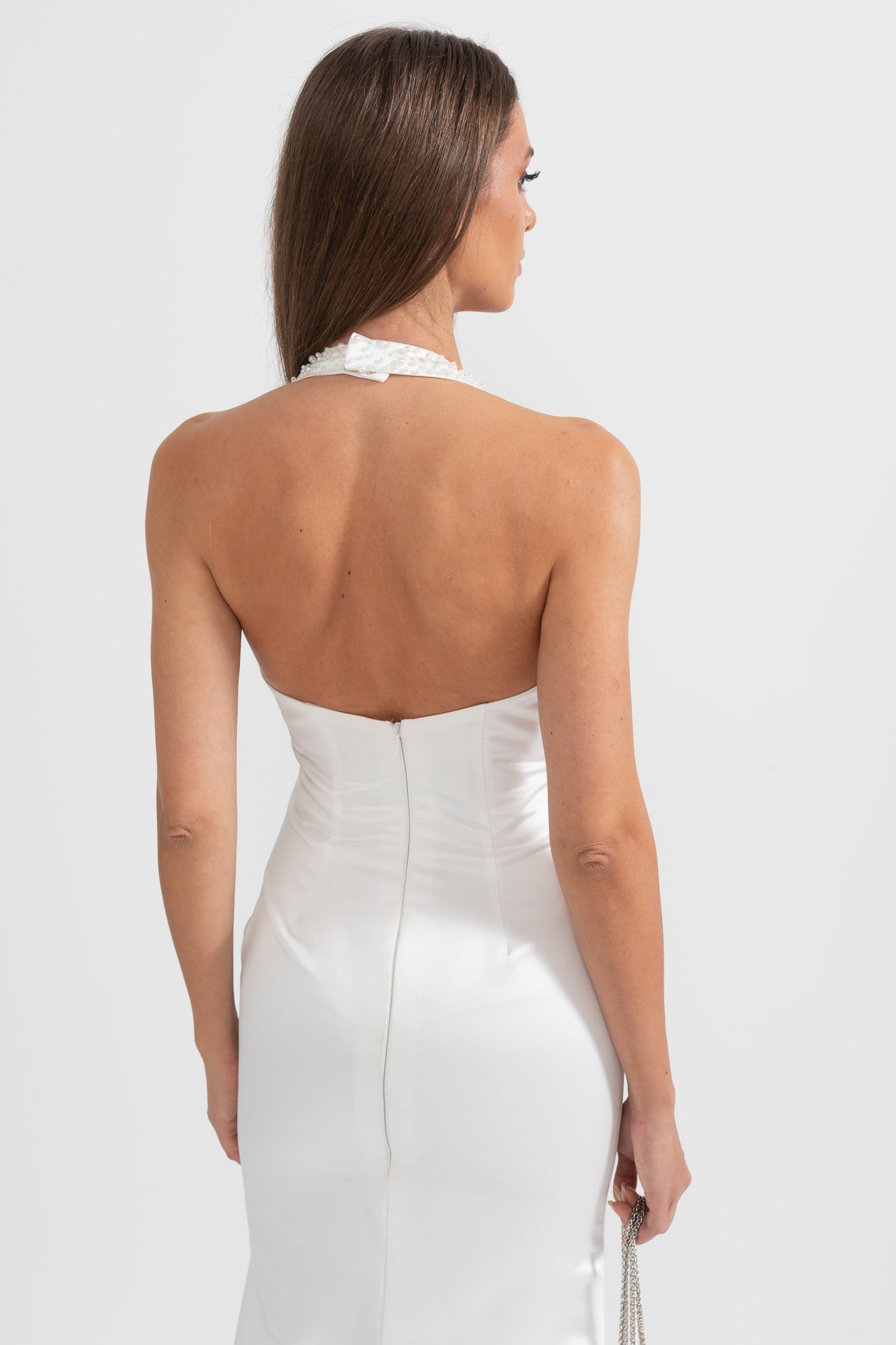 Robe de soirée en satin exquis ornée de perles - Blanc