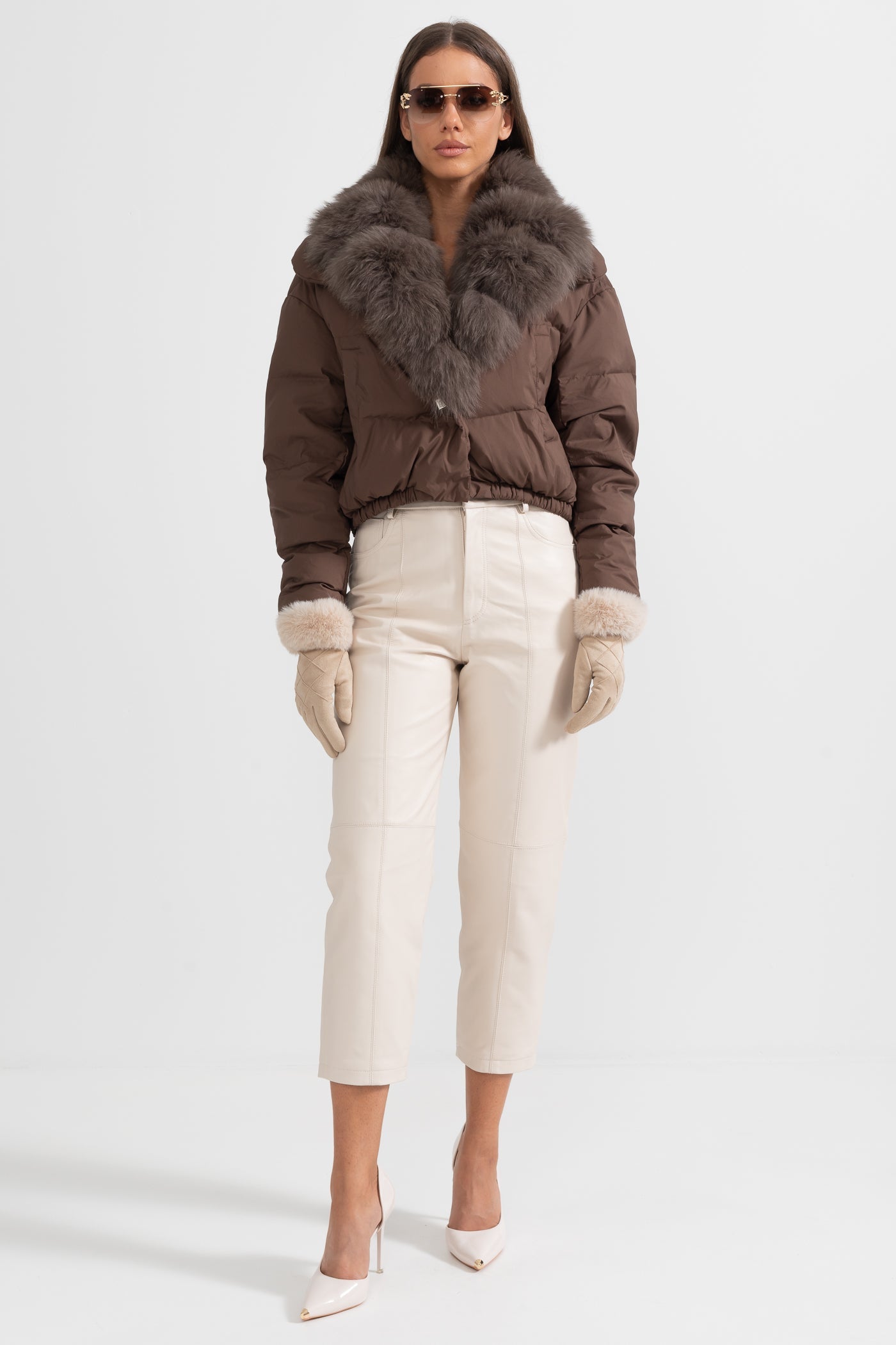 Doudoune avec capuche doublée de fourrure de renard marron - Marron