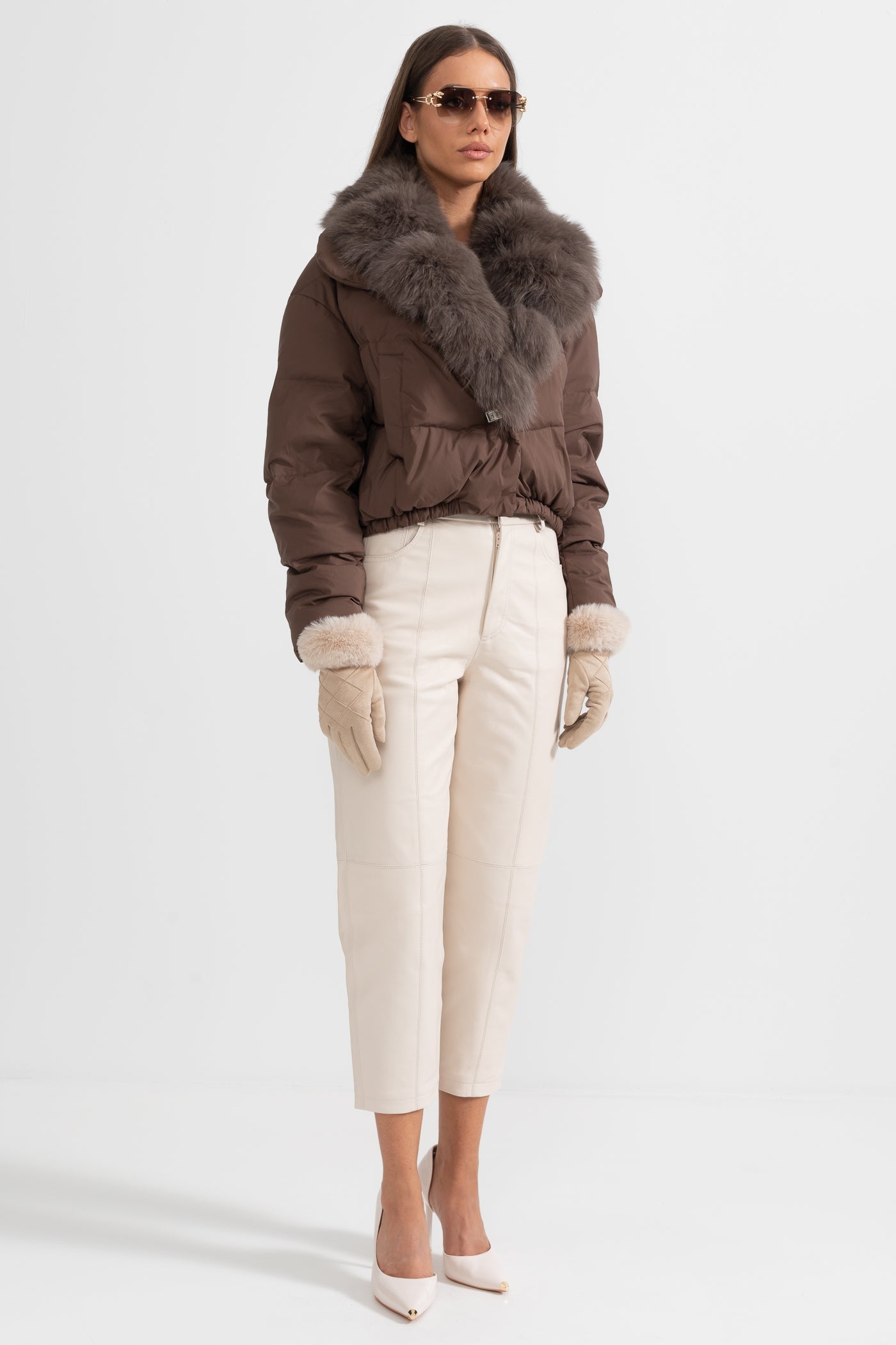 Doudoune avec capuche doublée de fourrure de renard marron - Marron