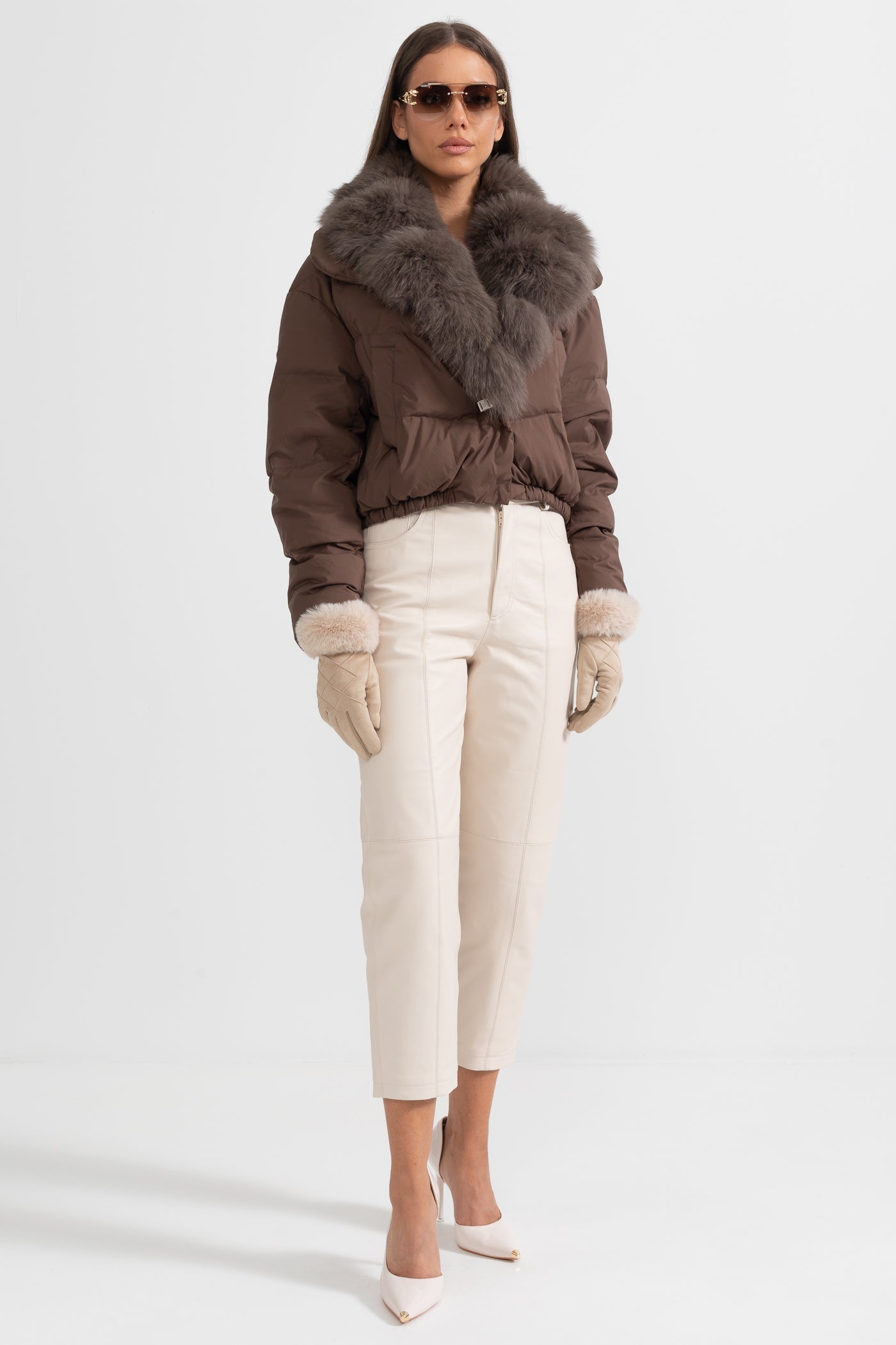 Doudoune avec capuche doublée de fourrure de renard marron - Marron
