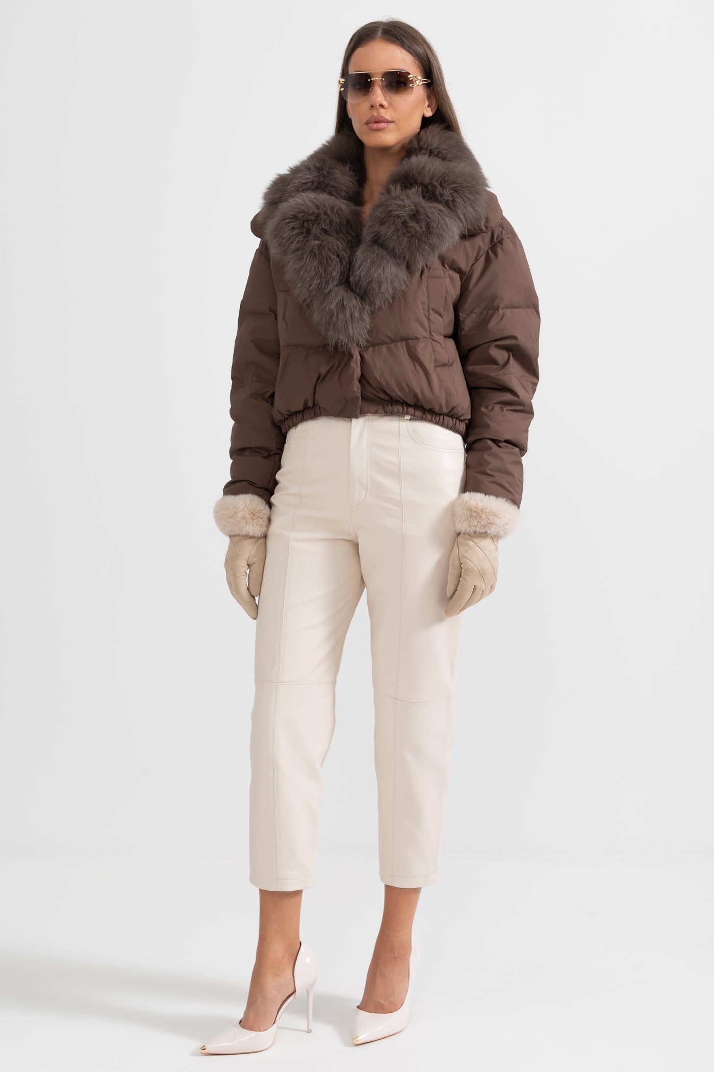 Doudoune avec capuche doublée de fourrure de renard marron - Marron