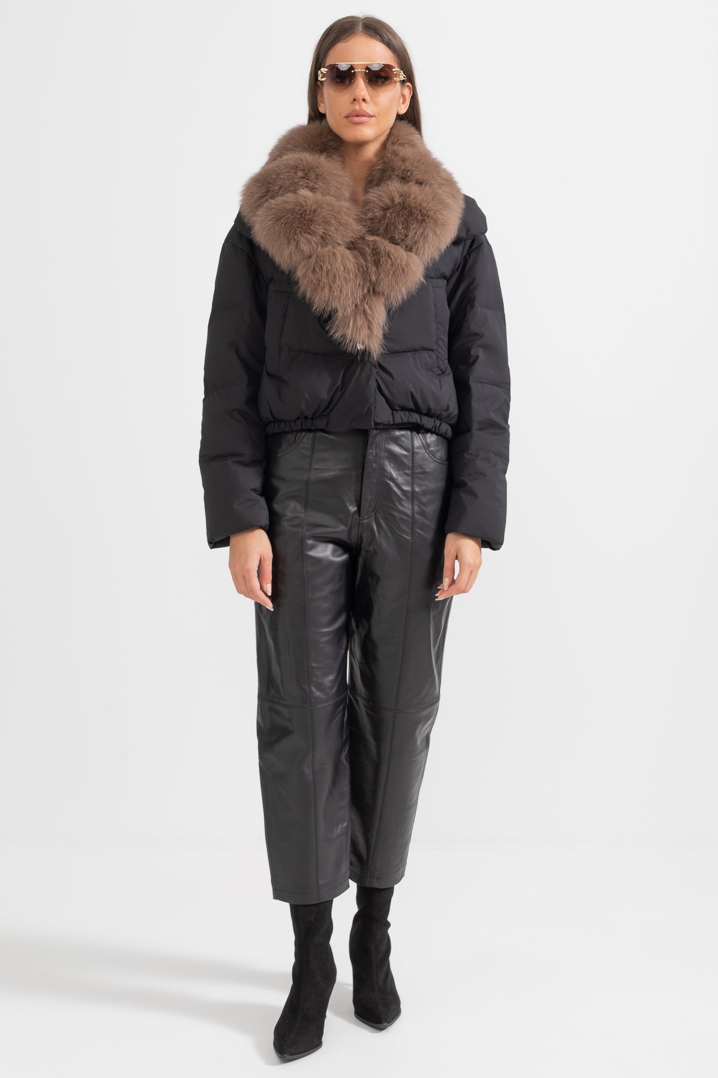 Doudoune avec capuche doublée en renard brun - Noir