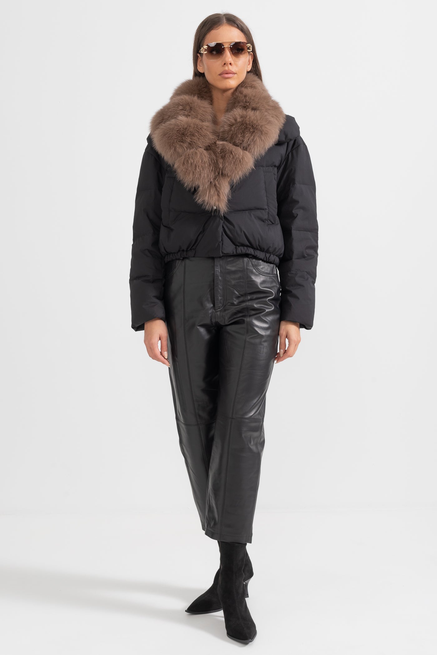 Doudoune avec capuche doublée en renard brun - Noir