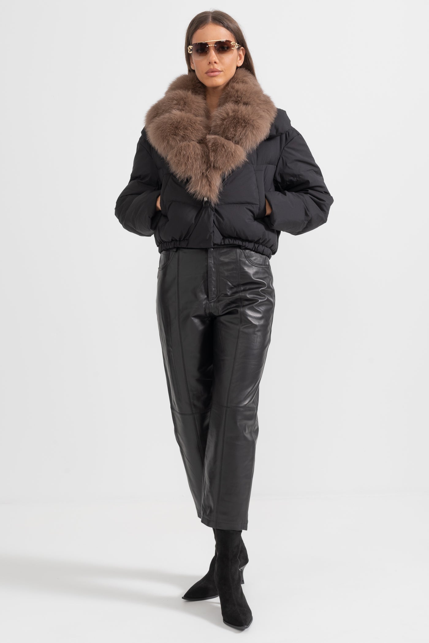 Doudoune avec capuche doublée en renard brun - Noir