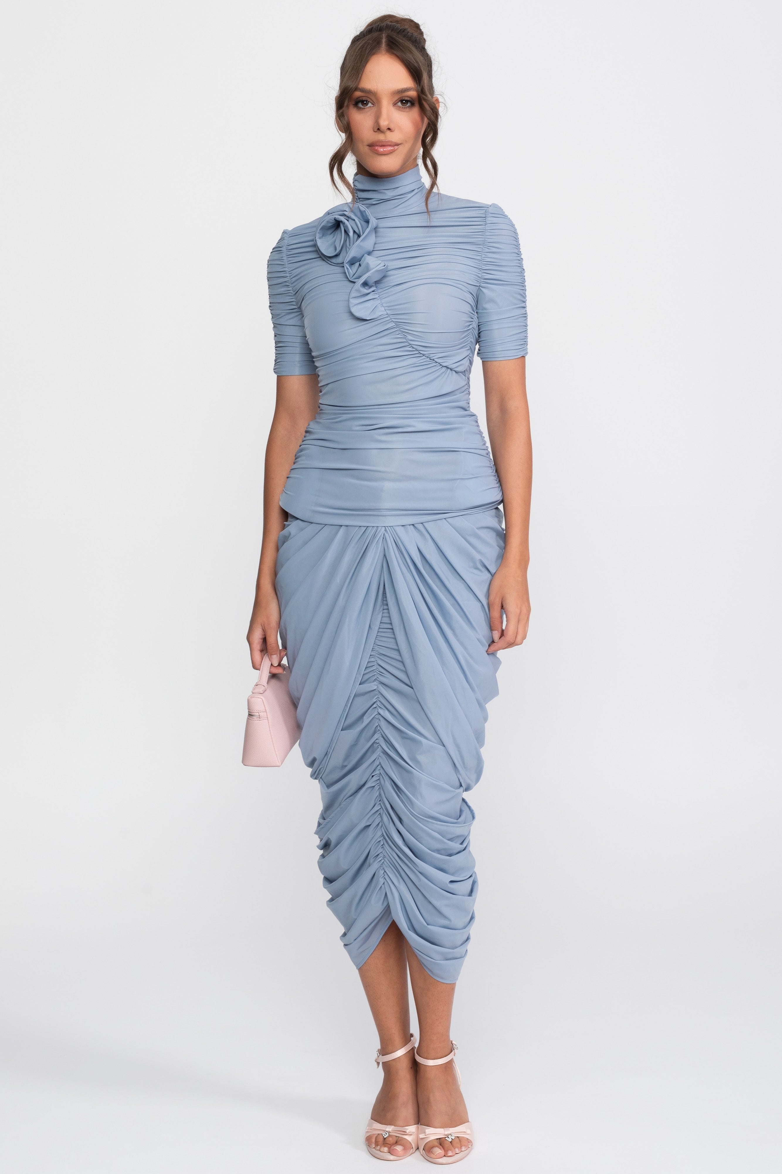 Rosette Co-Ord Set With Ruched Top And Matching Midi Skirt - Blue