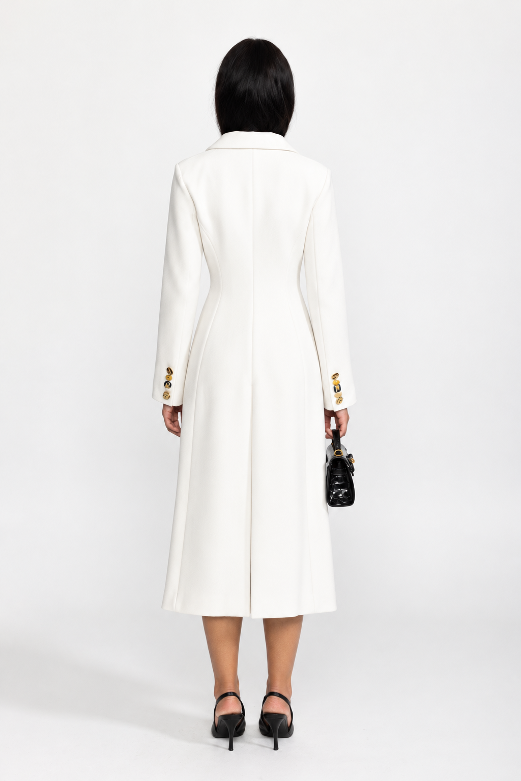 Embellished Lapel Double-Breasted Longline Coat - White