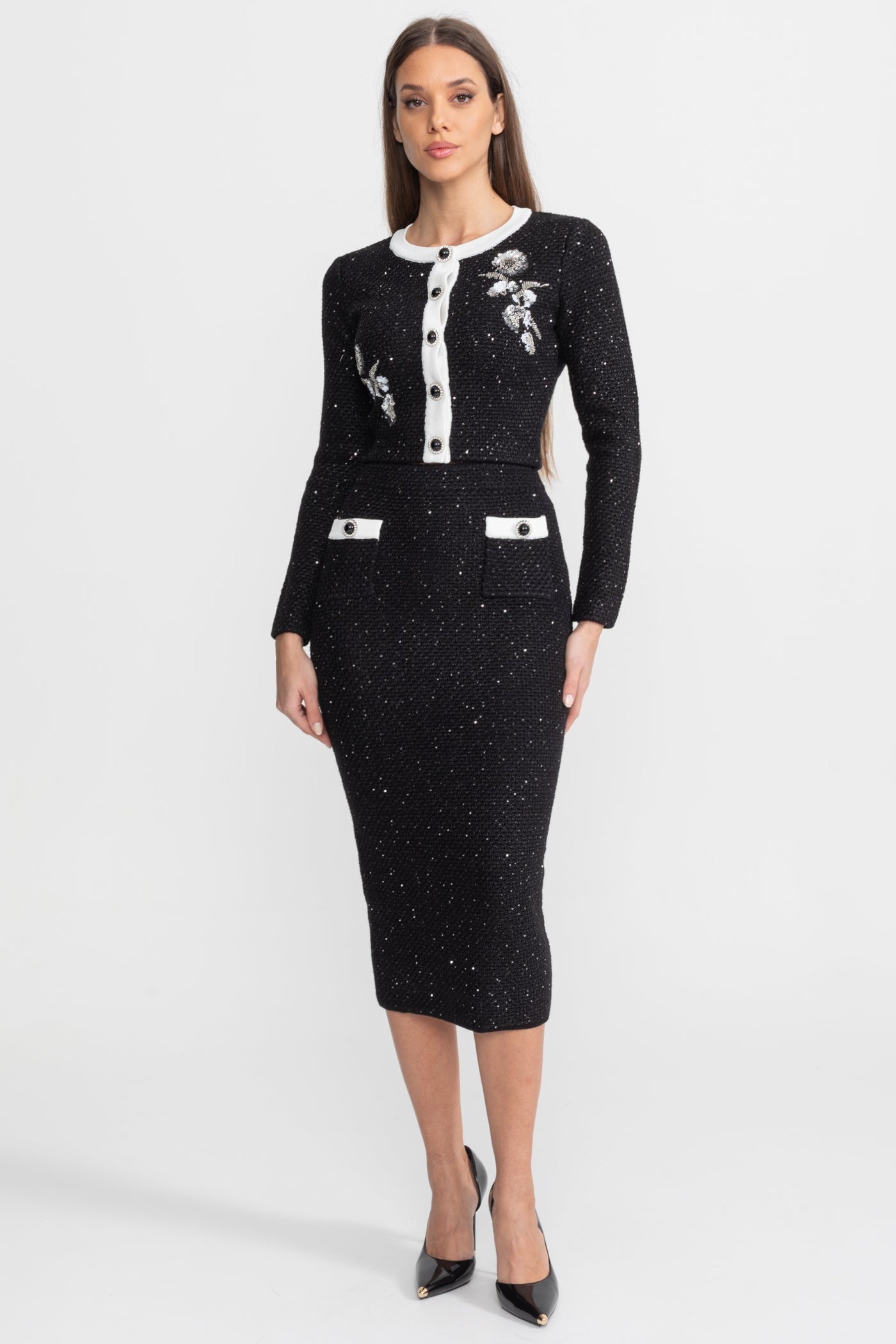 Ensemble coordonné en maille tweed brodée avec bordure contrastante – Noir