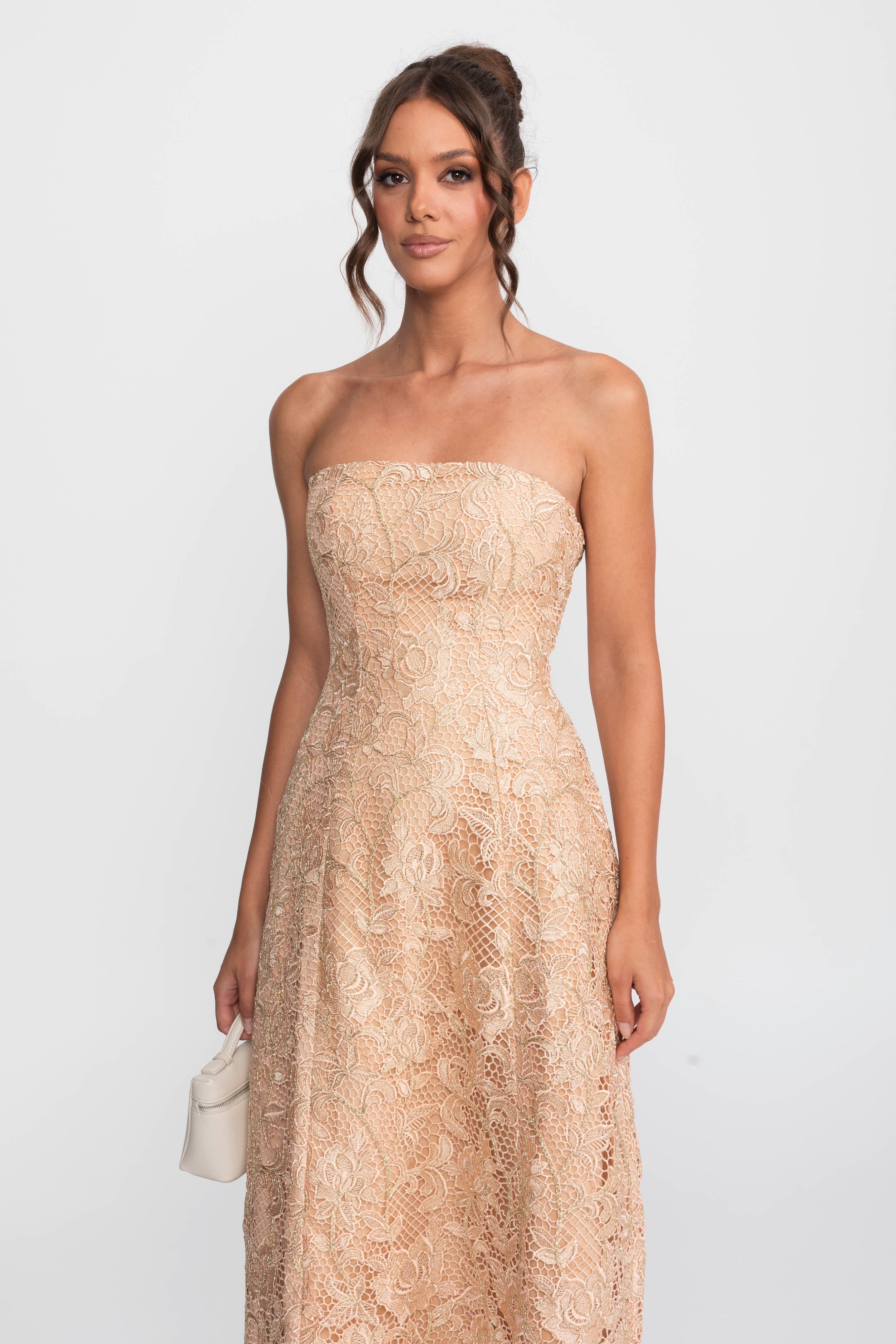 Strapless Floral Lace Ballgown With Full A-Line Skirt - Gold
