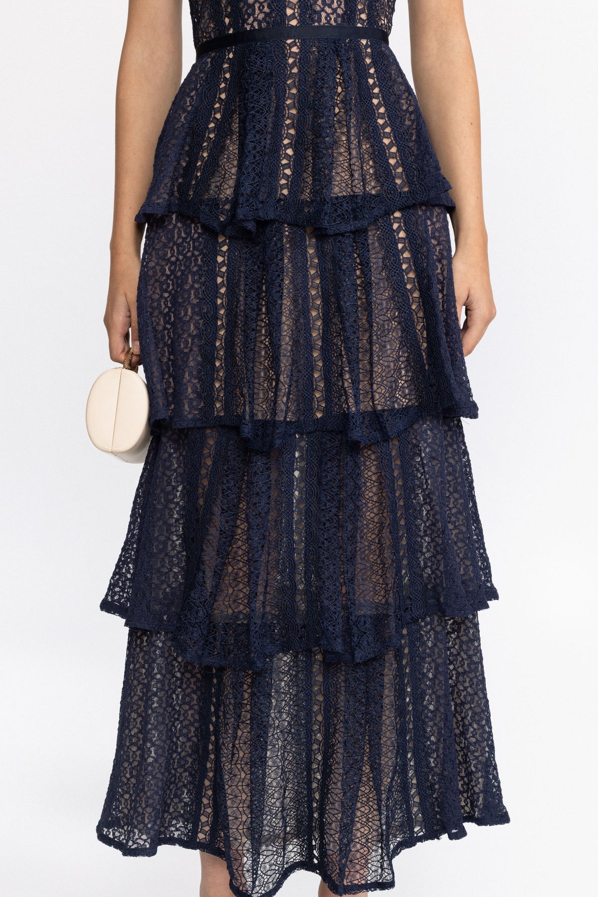 Robe midi à volants en dentelle à empiècements - bleu marine