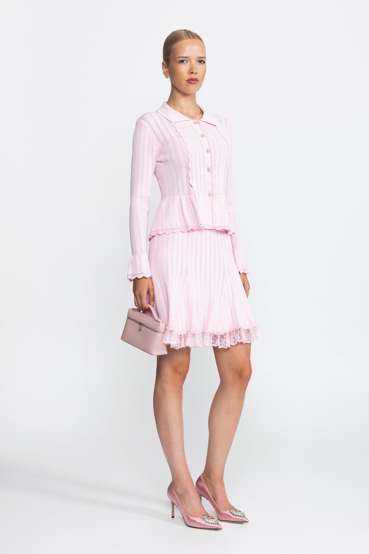 Ensemble coordonné cardigan péplum en maille pointelle et jupe à ourlet en dentelle - Rose