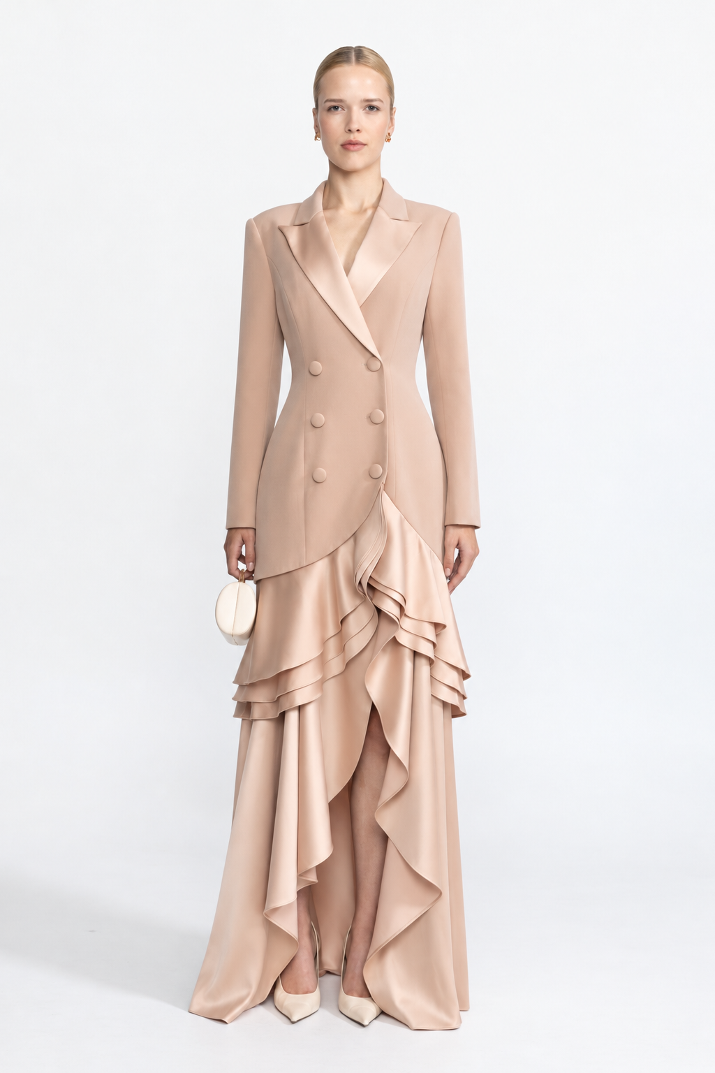 Robe longue blazer croisée à ourlet volanté en satin - beige