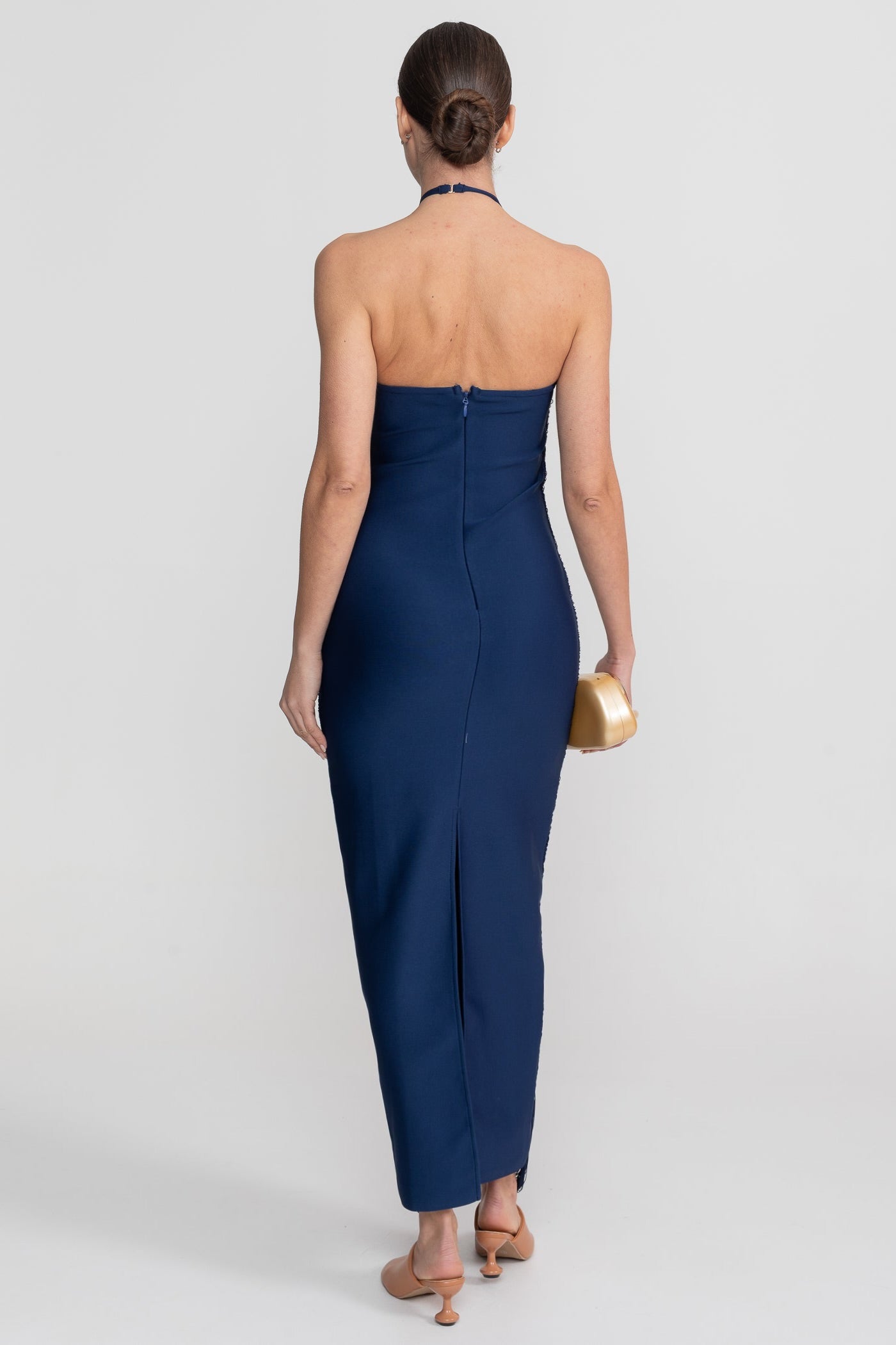 Robe Midi à Col Licou avec Texture Plissée Intégrale - Bleu