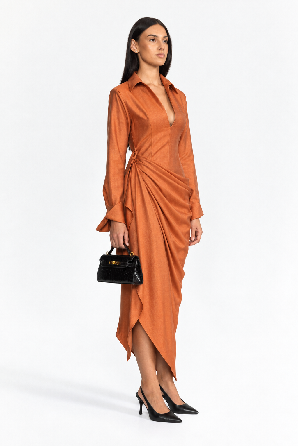 Robe longue portefeuille drapée à col plongeant - orange brûlé