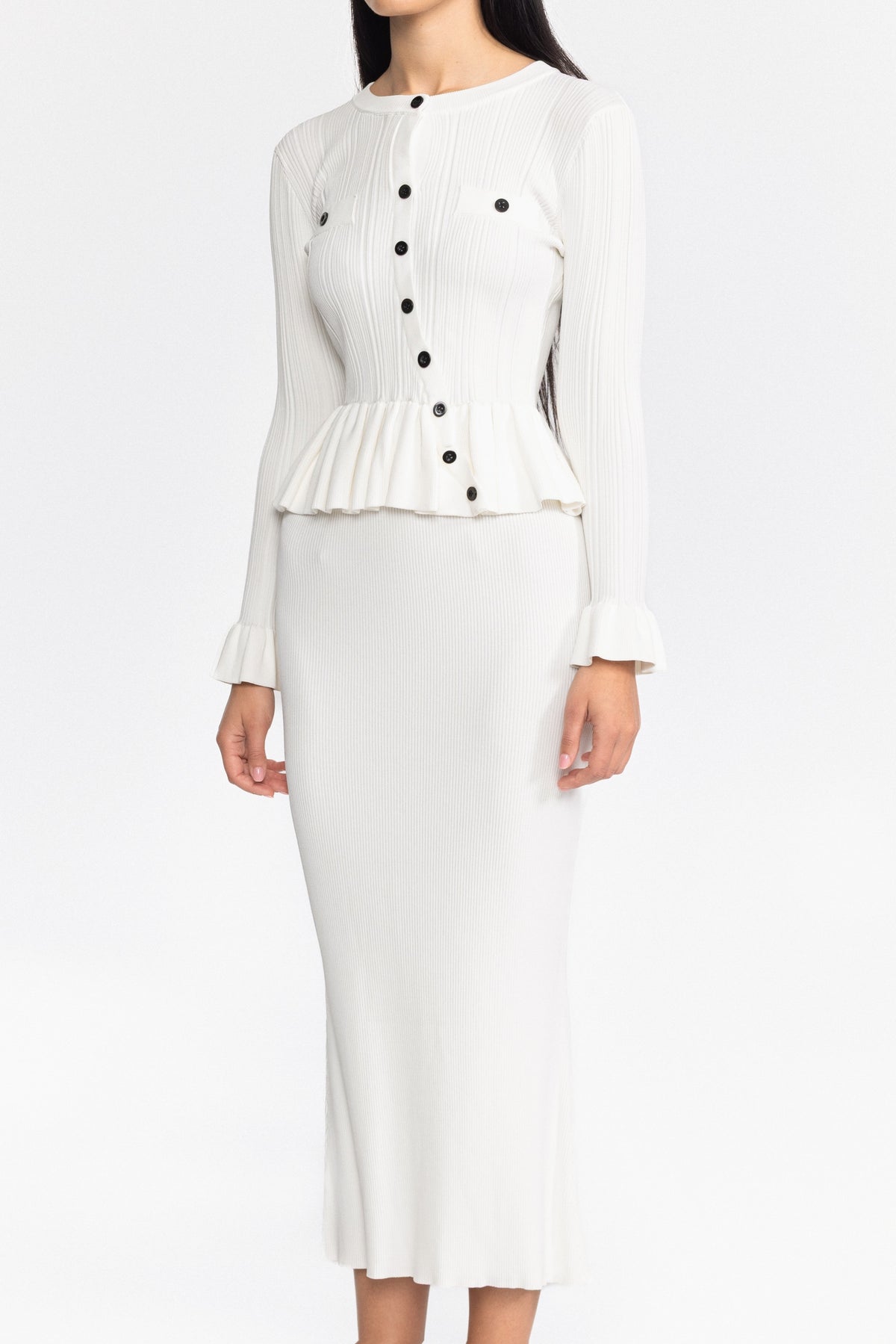 Ensemble cardigan péplum en maille côtelée et jupe midi - Blanc