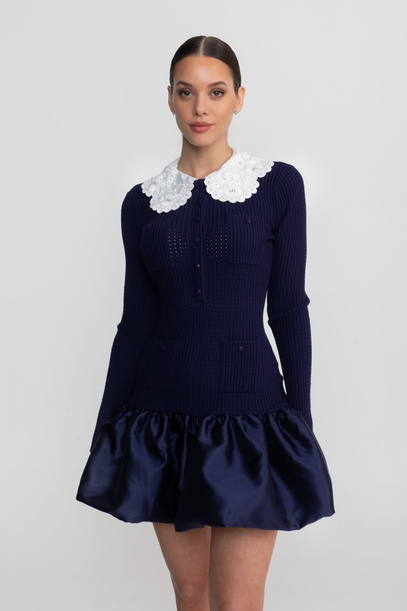 Knit Long Sleeve Mini Dress With Broderie Collar - Navy