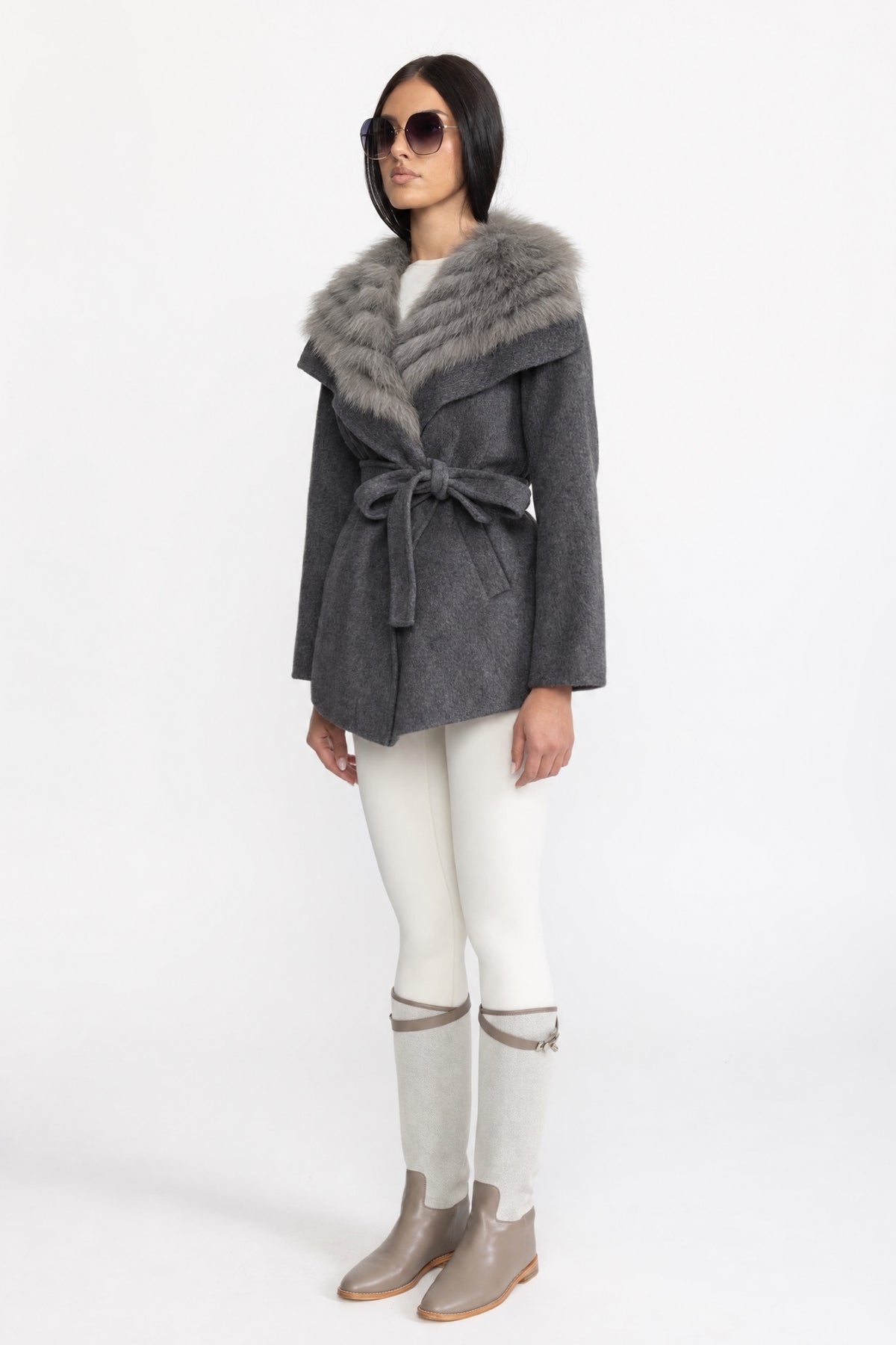 Wool Coat with Oversized Fur Collar And Belt - Gray