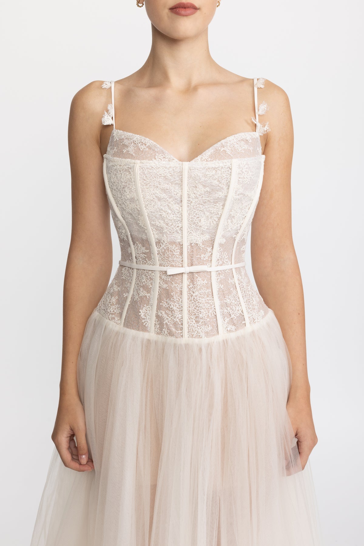 Robe midi en tulle à corset en dentelle - Beige