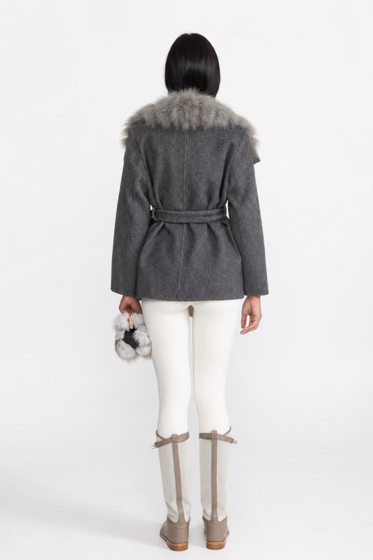 Wool Coat with Oversized Fur Collar And Belt - Gray