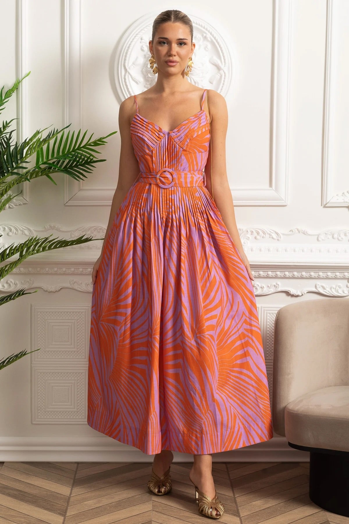 Pleated Bust Belted Midi Dress with Spaghetti Straps - Red