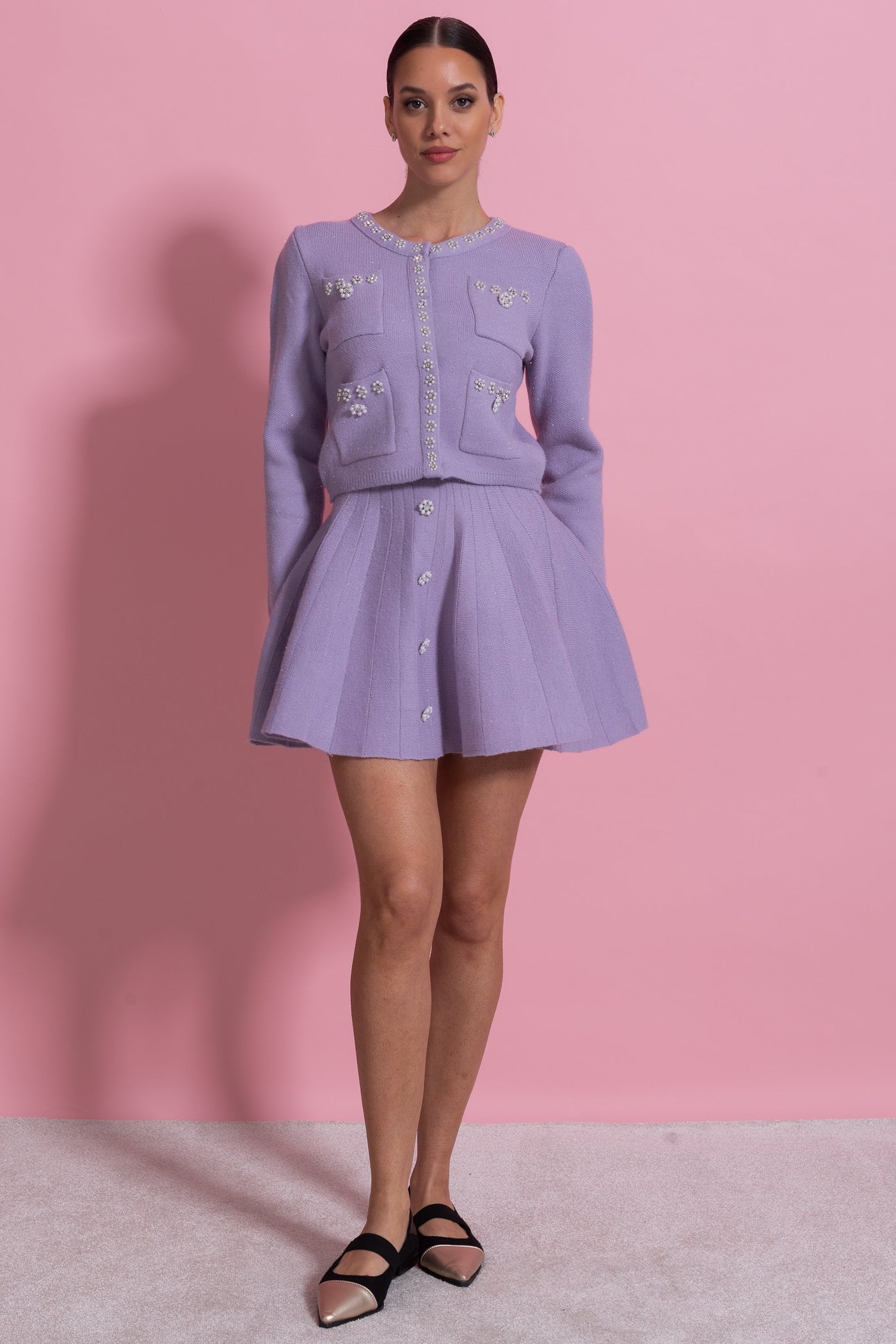 Ensemble en maille coordonné avec cardigan à manches longues et mini-jupe assortie - Lilas