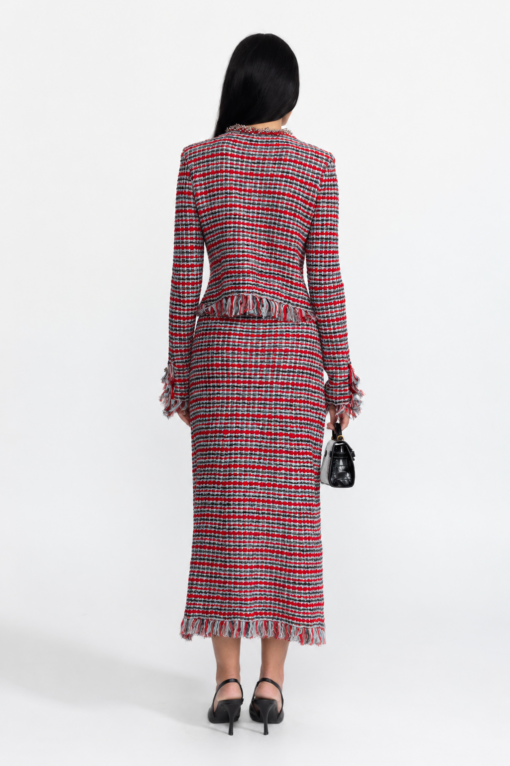 Ensemble veste en tweed à franges et jupe midi coordonnée - rouge multicolore