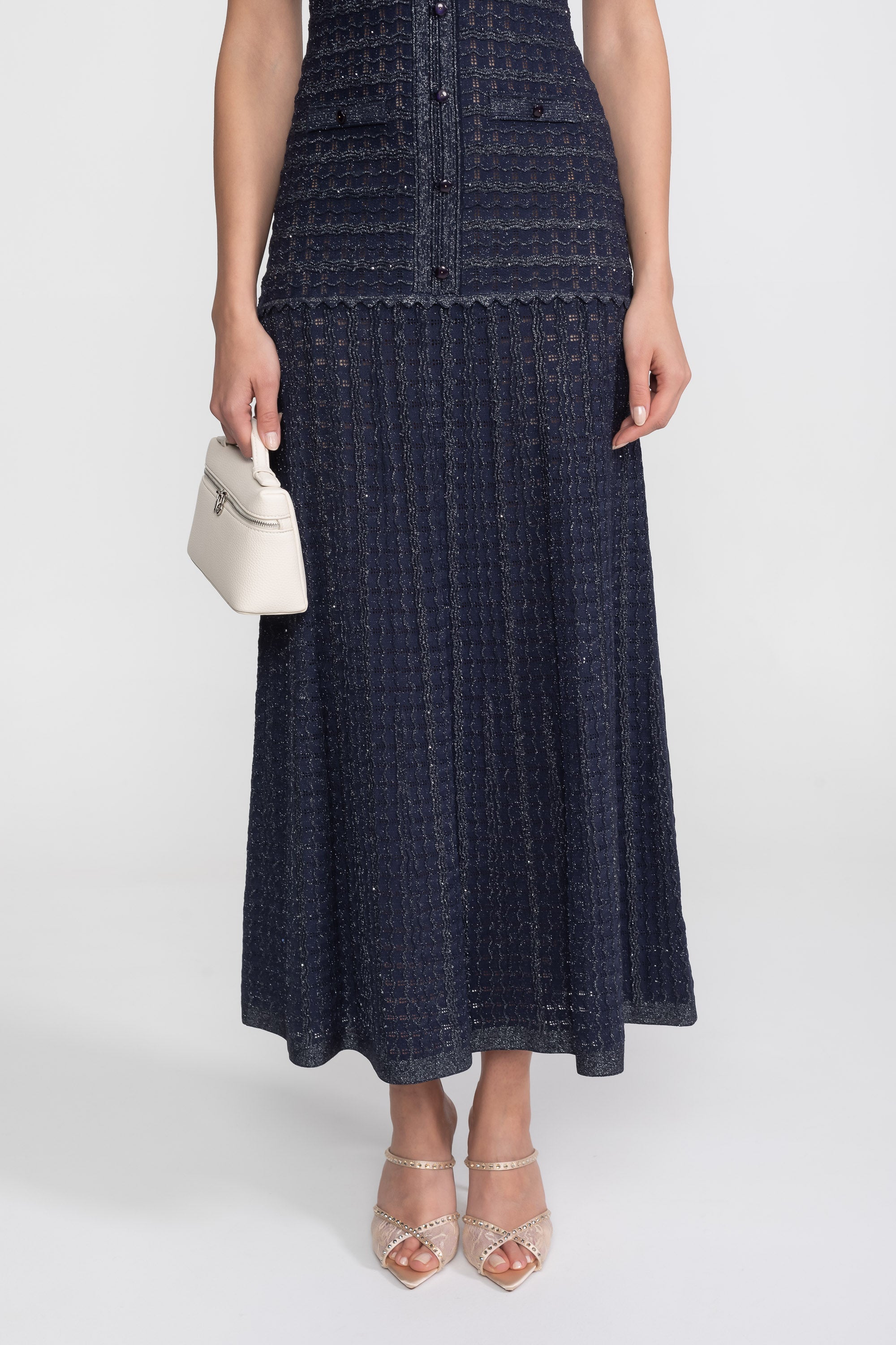 Robe Midi à Manches Courtes avec Texture Tricotée Scintillante - Navy