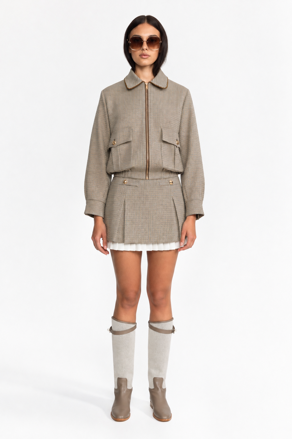Ensemble bomber pied-de-poule et mini-jupe plissée - Beige
