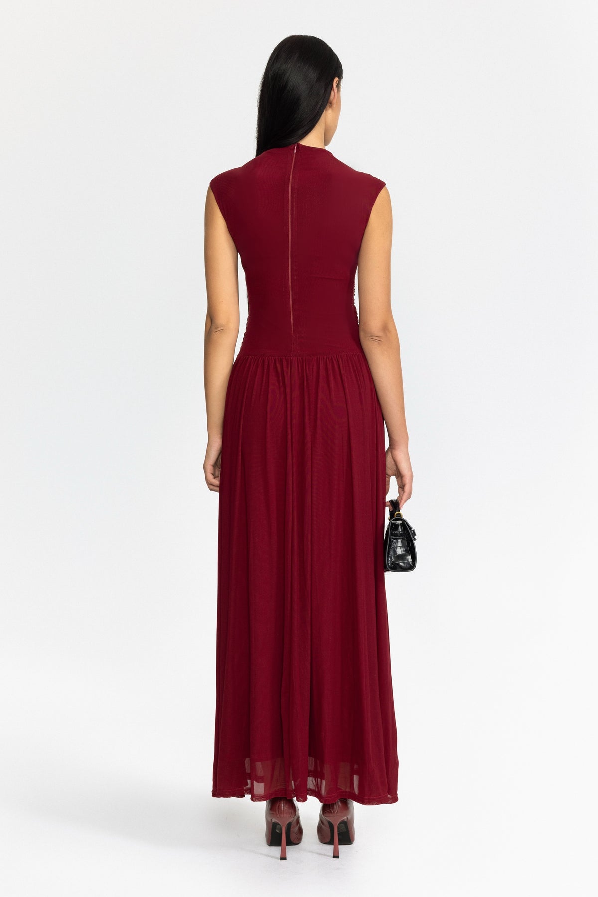Ruched Mesh Drop Waist Maxi Dress - Wine