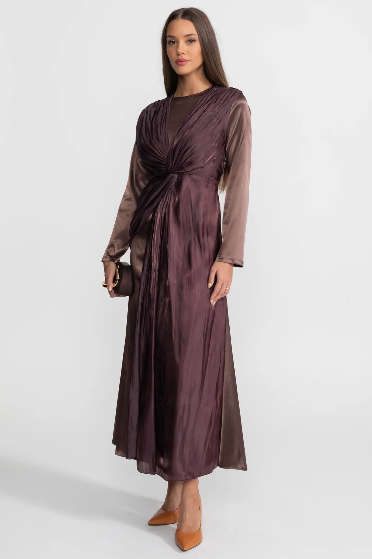 Satin Midi Dress with Draped Overlay and Knot Detail - Brown