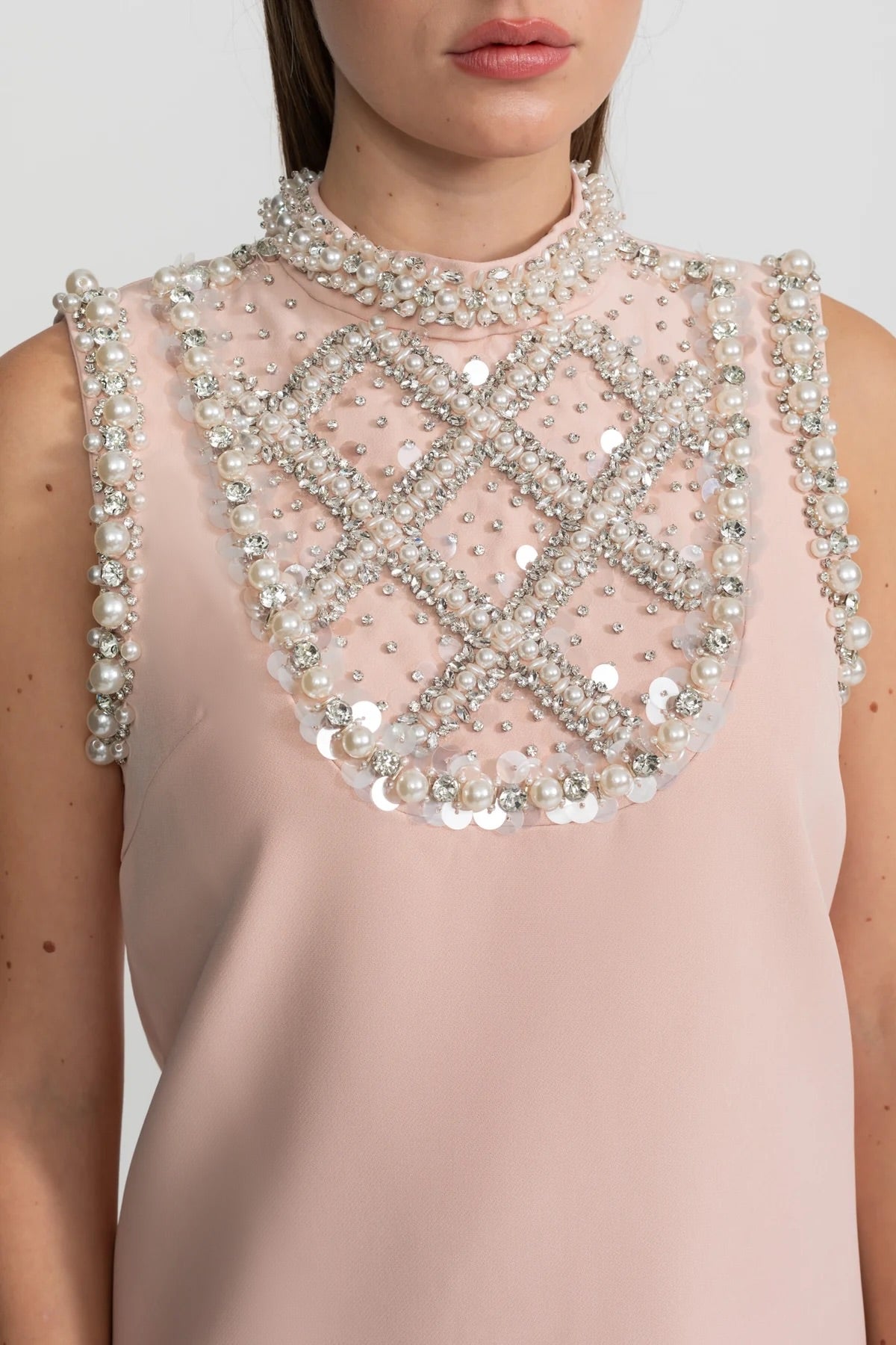 Embellished Sleeveless Mini Dress with High Neckline - Blush Pink