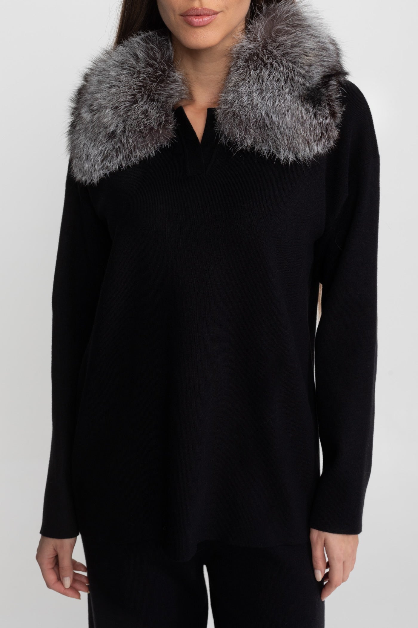 Knit Lounge Co-Ord Set with Fox Fur Collar – Black/Grey
