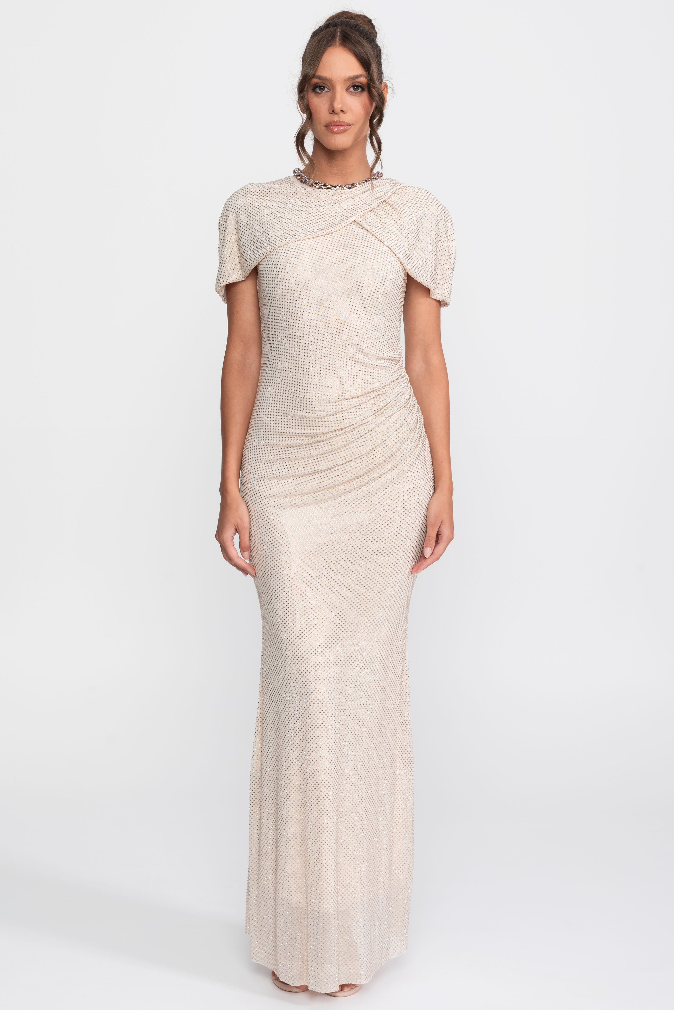 Robe colonne à sequins avec finition cristal et manches croisées - Champagne
